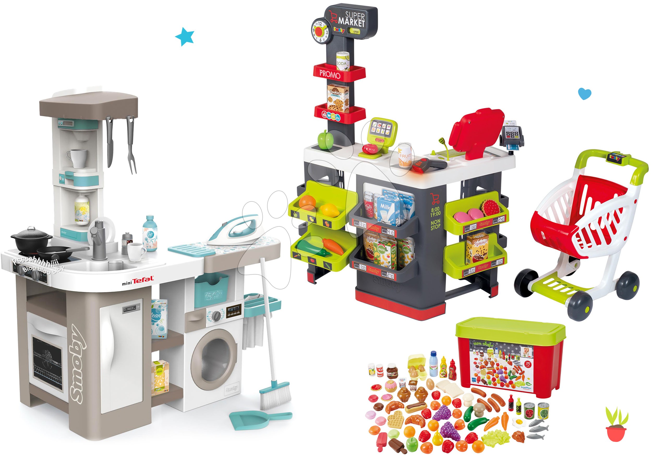 Kuhinje za otroke kompleti - Komplet elektronska kuhinja s pralnim strojem in likalno desko Tefal Cleaning Kitchen 360° Smoby in elektronska trgovina z vozičkom in živili
