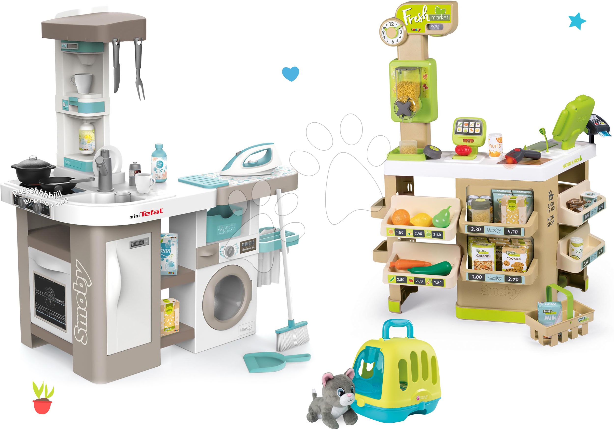 Játékkonyha szettek - Szett elektronikus játékkonyha mosógéppel és vasalódeszkával Tefal Cleaning Kitchen 360° Smoby és Bio Fresh Market bolt állatorvosi kofferrel