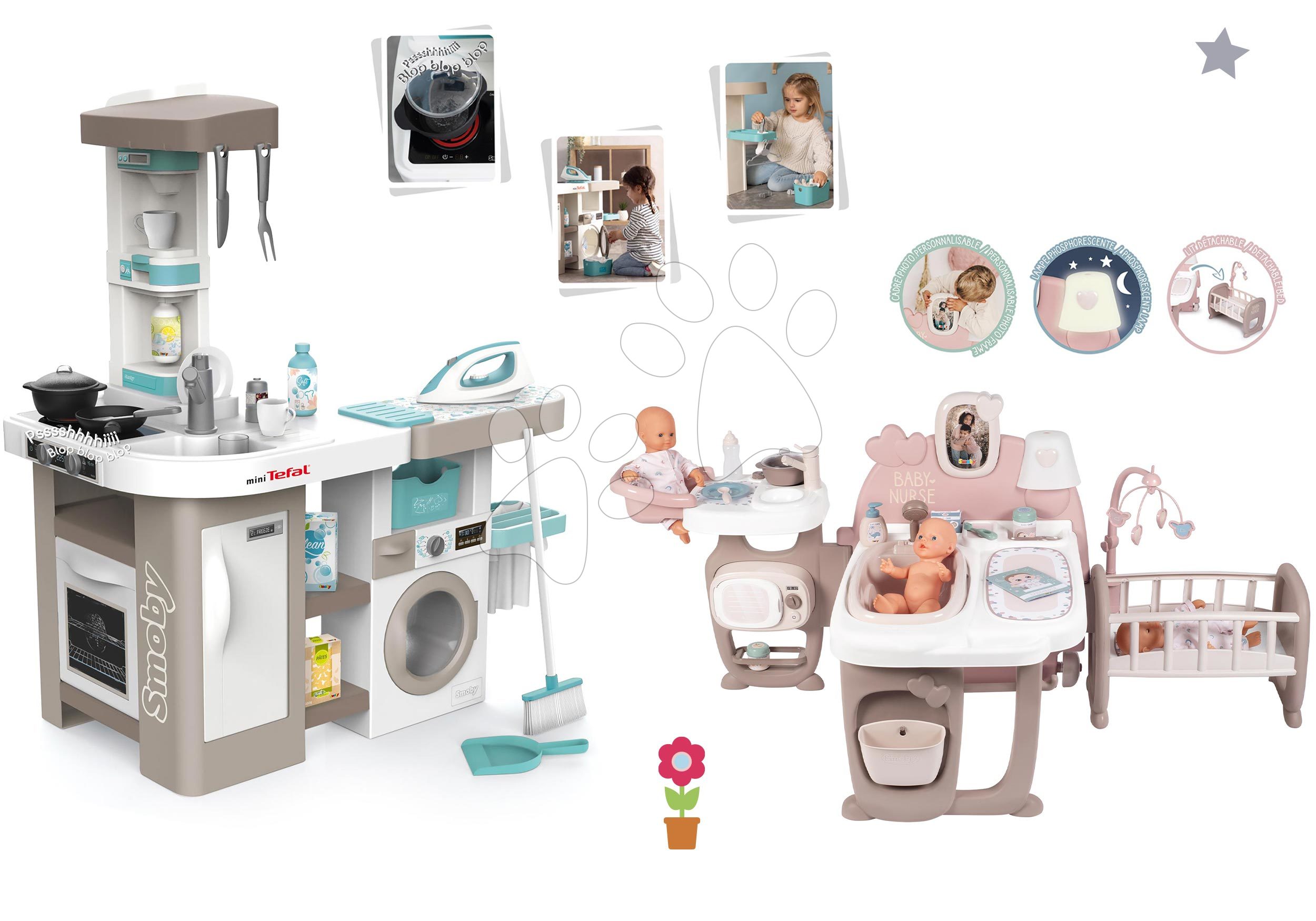 Kuhinje za otroke kompleti - Komplet elektronska kuhinja s pralnim strojem in likalno desko Tefal Cleaning Kitchen 360° Smoby in hišica za dojenčka trikrilna z nočno lučko