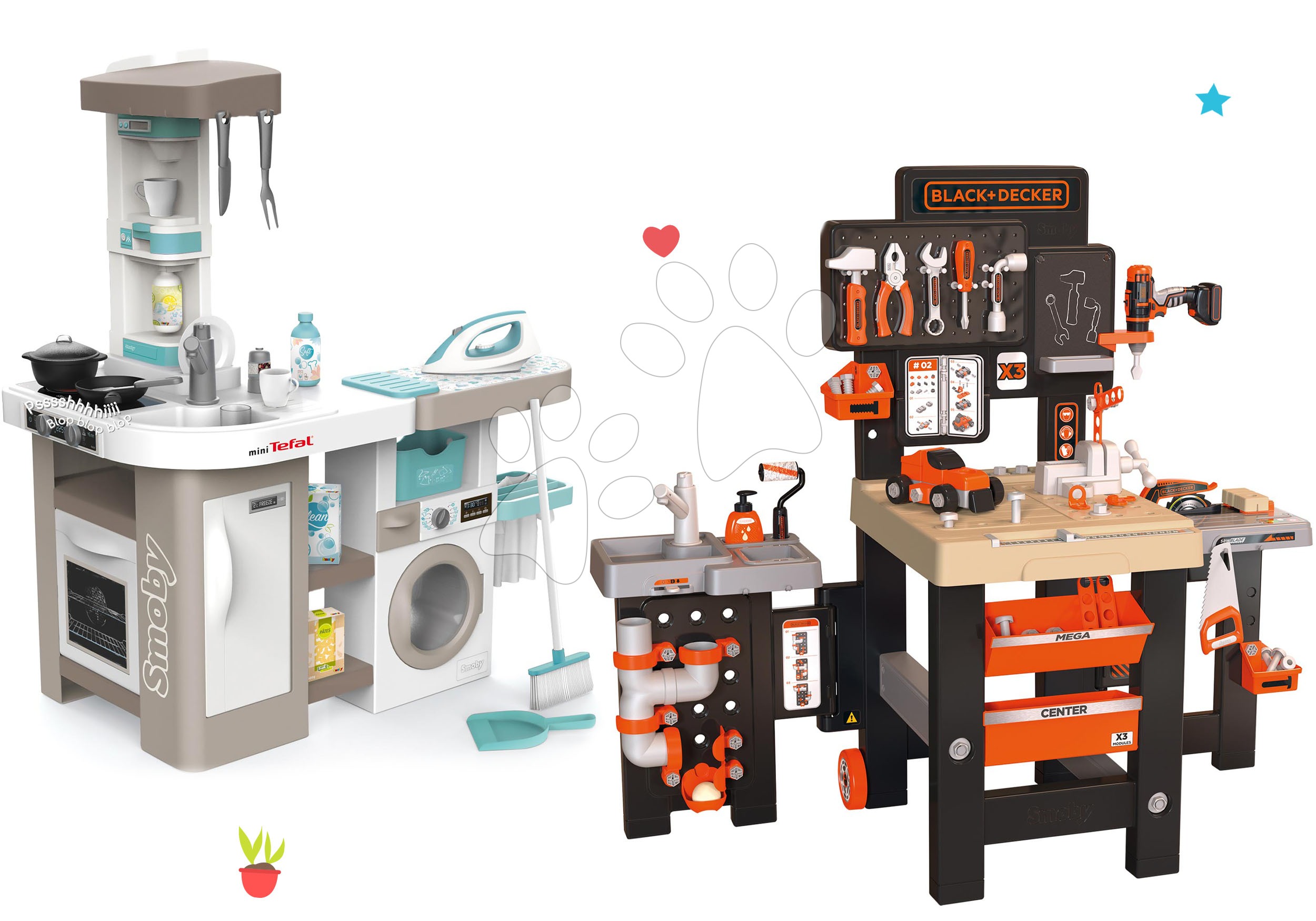 Kuhinje za otroke kompleti - Komplet elektronska kuhinja s pralnim strojem in likalno desko Tefal Cleaning Kitchen 360° Smoby in delovna miza trikrilna z avtomobilčkom za sestavljanje
