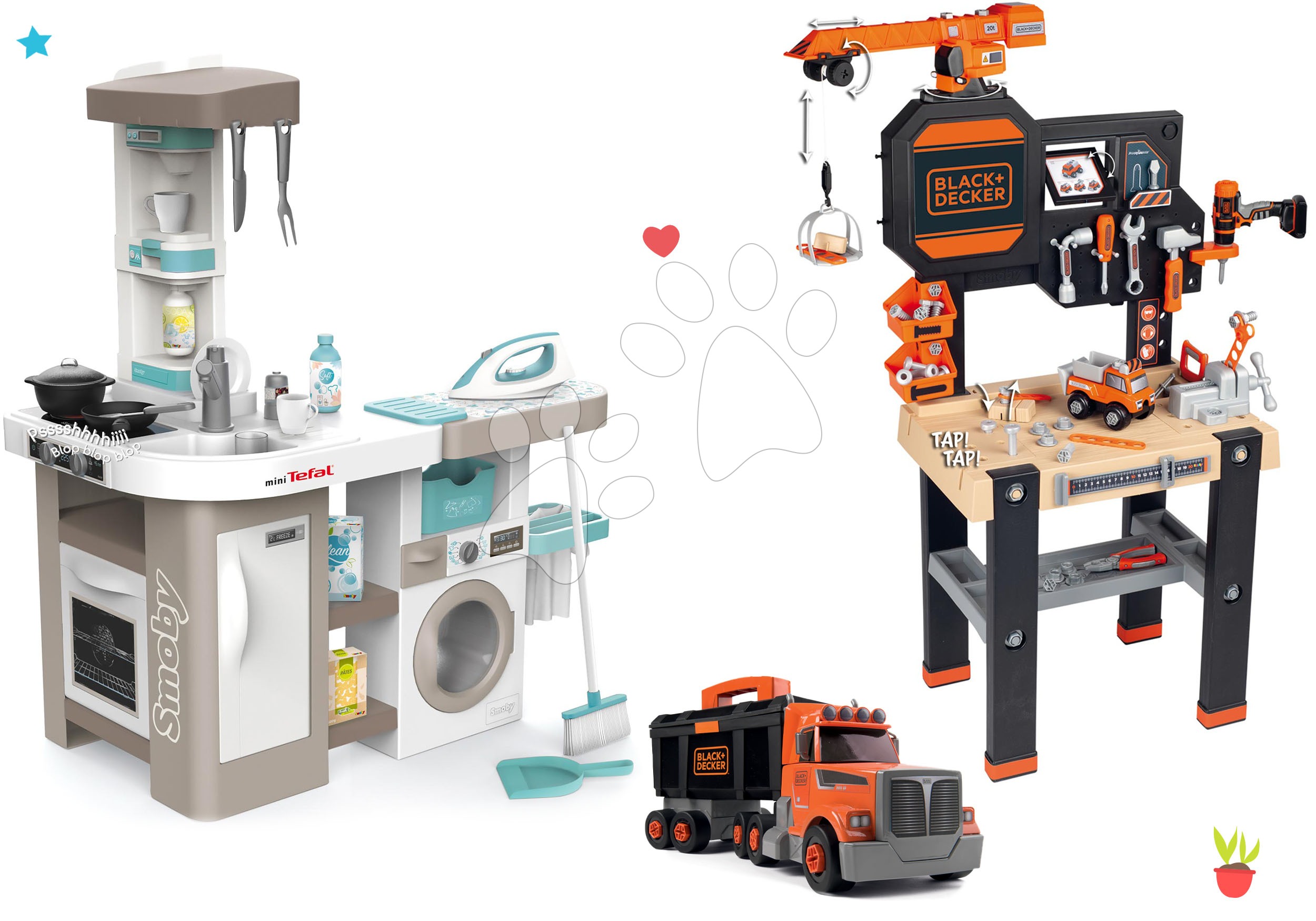 Játékkonyha szettek - Szett elektronikus játékkonyha mosógéppel és vasalódeszkával Tefal Cleaning Kitchen 360° Smoby és szerelőműhely daruval és kamionnal kofferrel és szerszámokkal