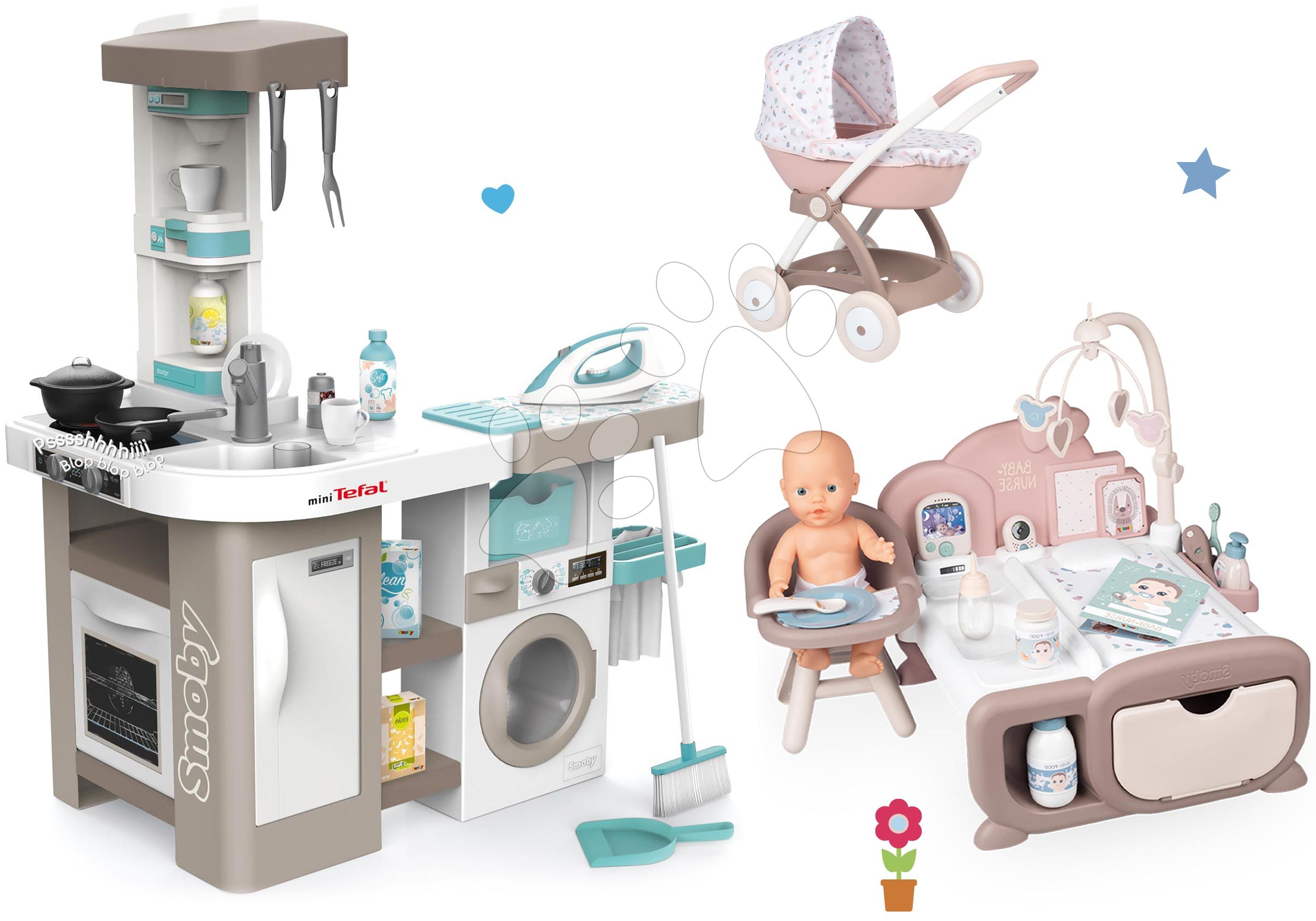 Kuhinje za otroke kompleti - Komplet elektronska kuhinja s pralnim strojem in likalno desko Tefal Cleaning Kitchen 360° Smoby in hišica za dojenčka elektronska ter globoki voziček