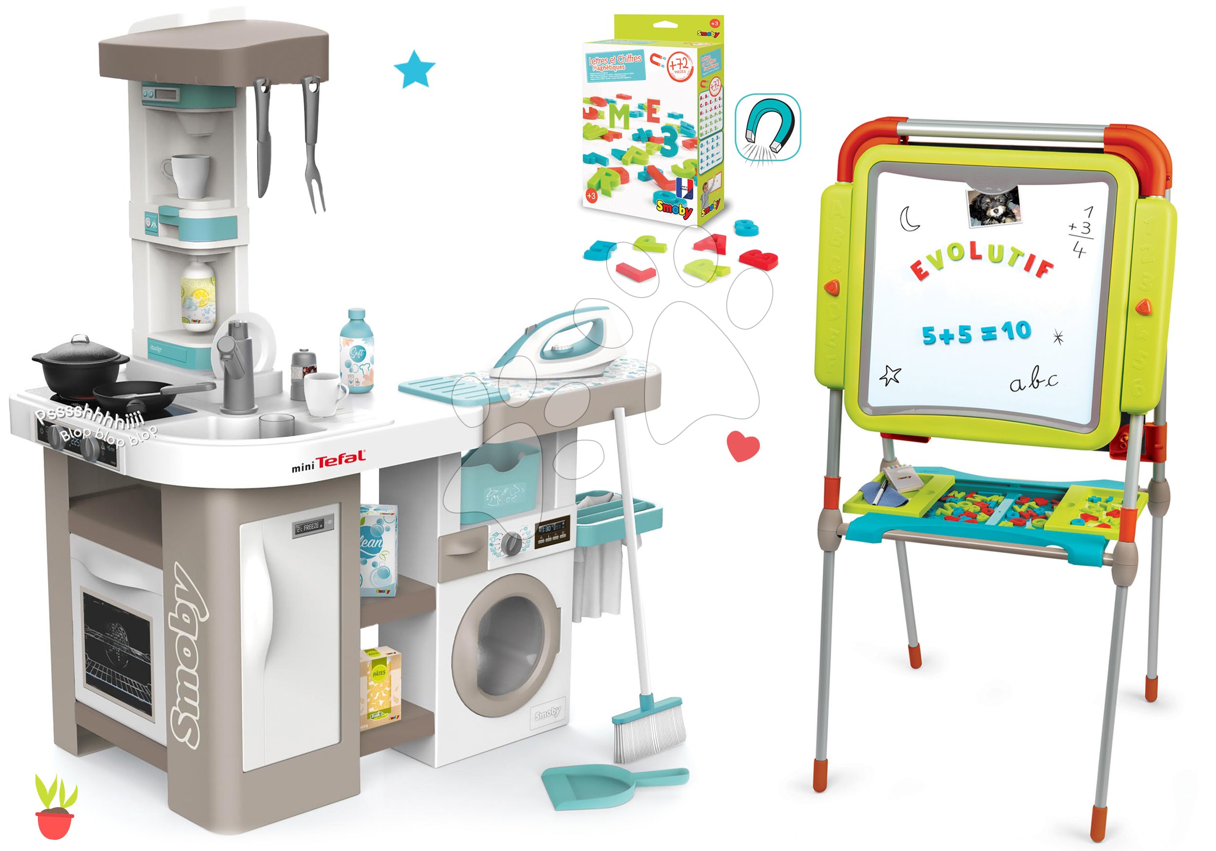 Kuhinje za otroke kompleti - Komplet elektronska kuhinja s pralnim strojem in likalno desko Tefal Cleaning Kitchen 360° Smoby in tabla za risanje z magnetnimi črkami in številkami