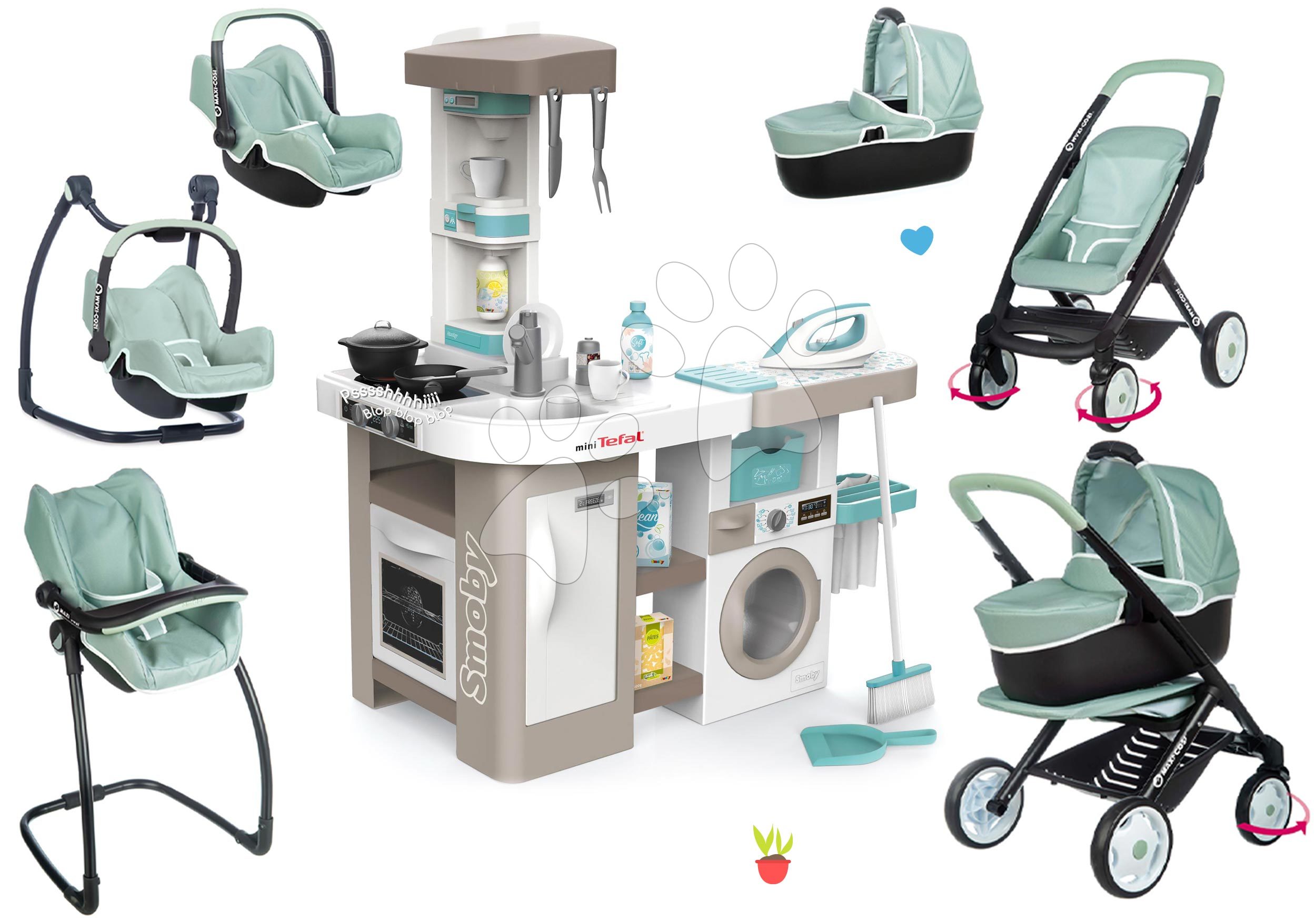 Kuhinje za otroke kompleti - Komplet elektronska kuhinja s pralnim strojem in likalno desko Tefal Cleaning Kitchen 360° Smoby in kombinirani voziček Maxi Cosi s stolčkom in avtosedežem ter počivalnikom