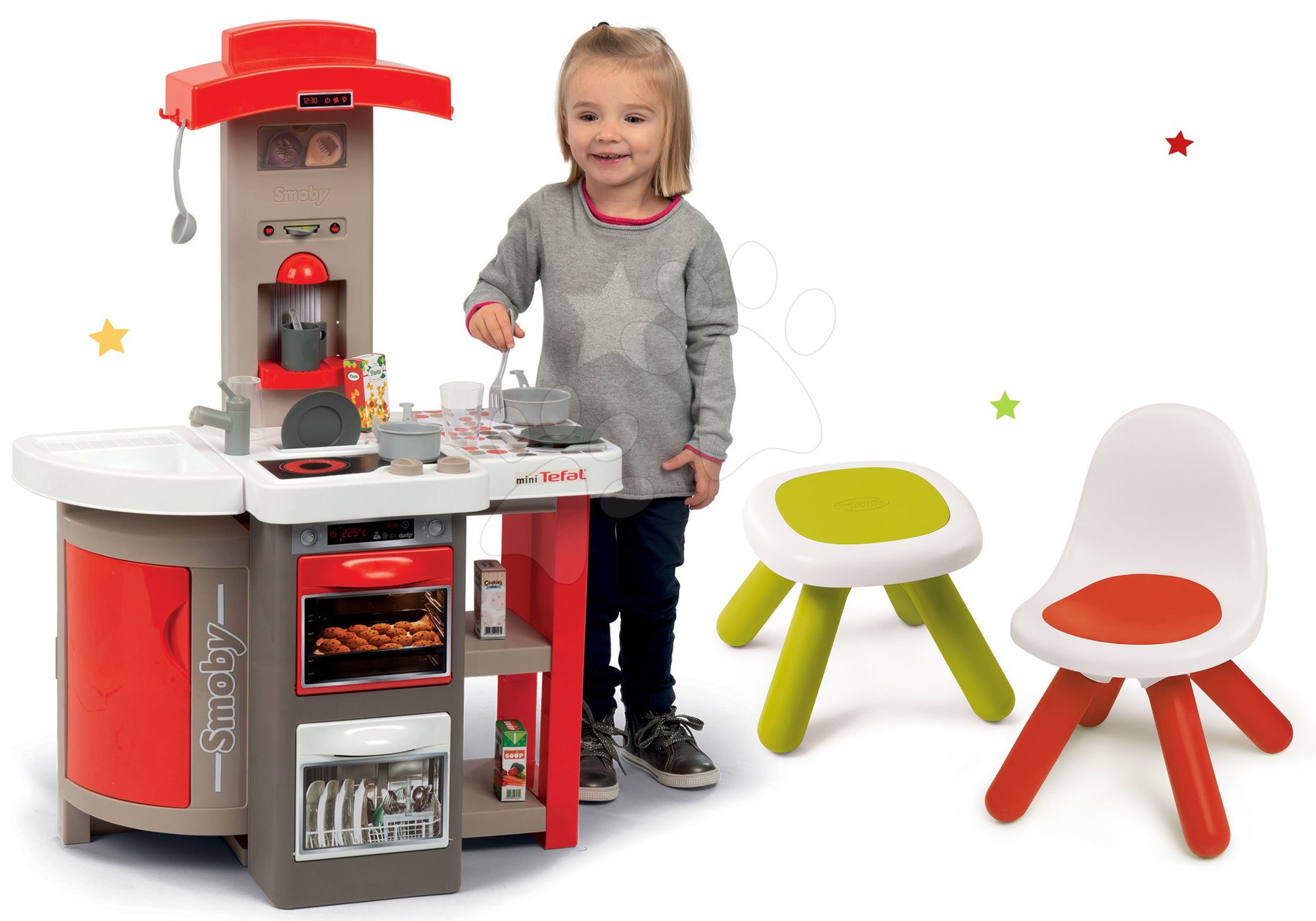 Obyčajné kuchynky - Set kuchynka skladacia Tefal Opencook Smoby červená s kávovarom a chladničkou a so stoličkou a stolčekom