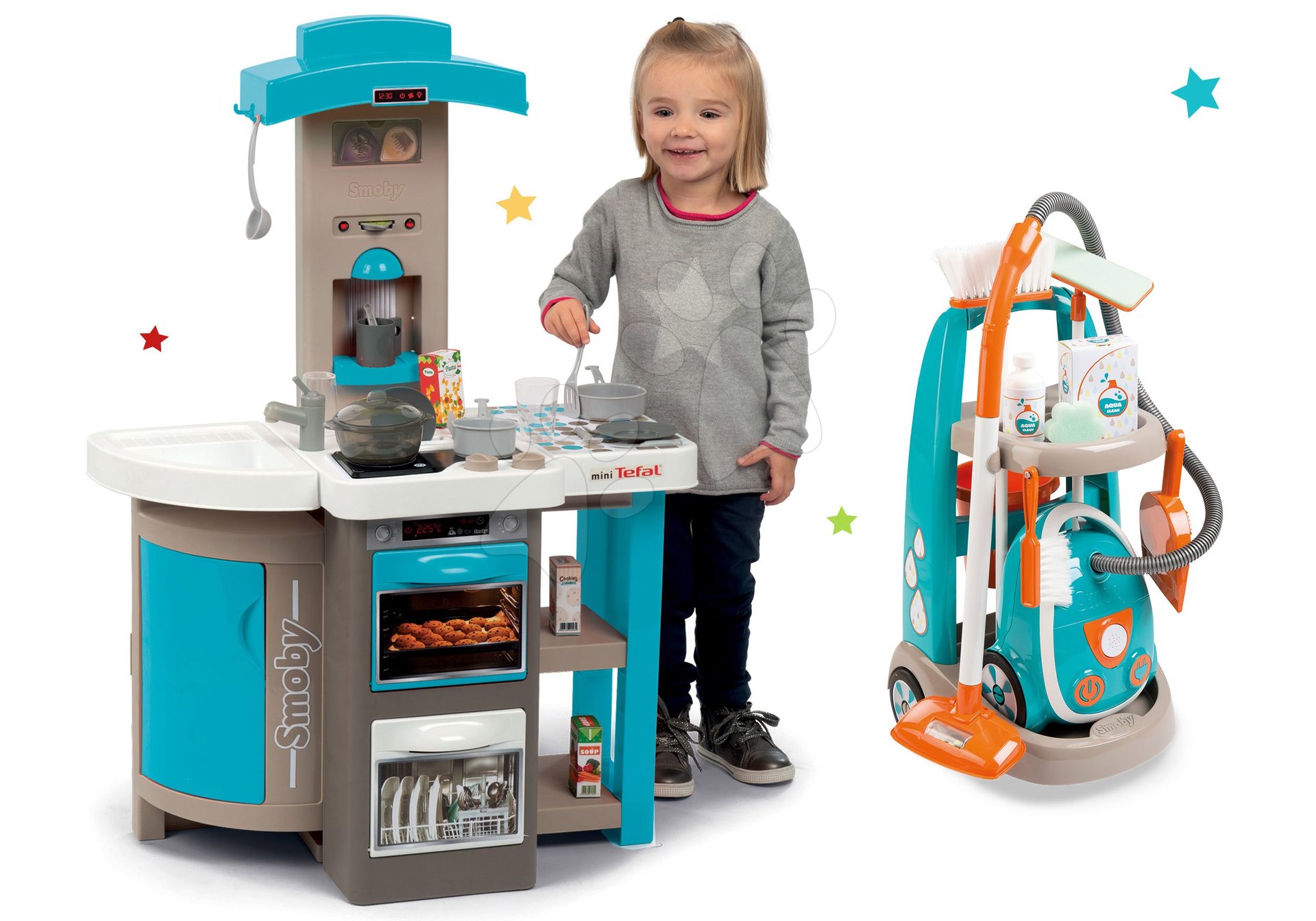 Set kuchynka skladacia Tefal Opencook Bubble Smoby modrá s magickým bublaním a kávovarom a upratovací vozík s elektronickým vysávačom