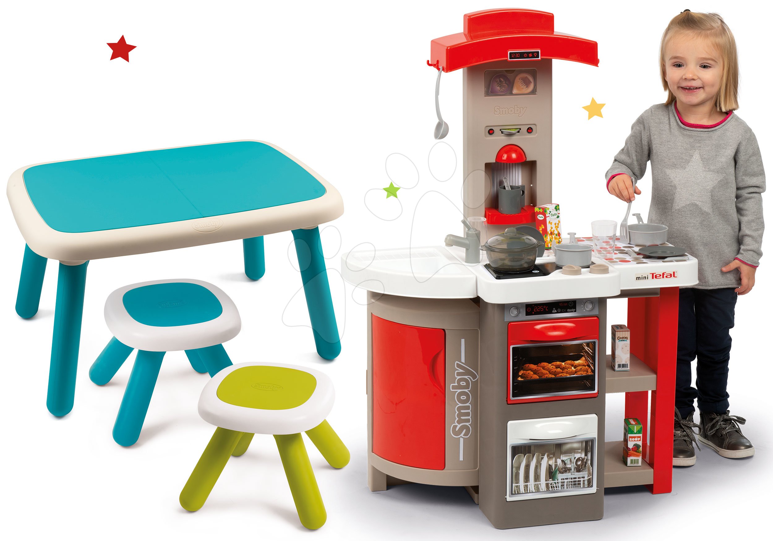 Set kuchynka skladacia elektronická Tefal Opencook Bubble Smoby červená so zvukom a magickým bublaním a so stolom a dvoma stolčekmi