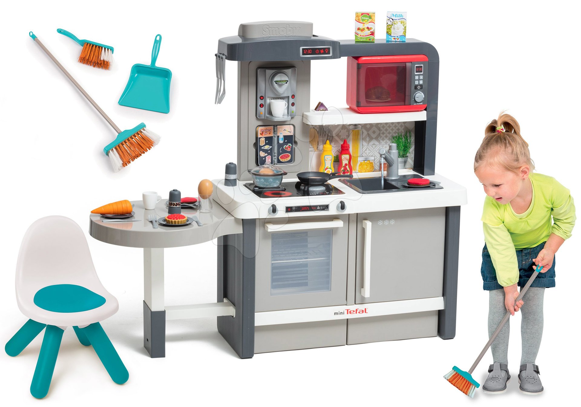 Set kuchynka rastúca s tečúcou vodou Tefal Evolutive Smoby a so stoličkou Kid a lopatka s metlou