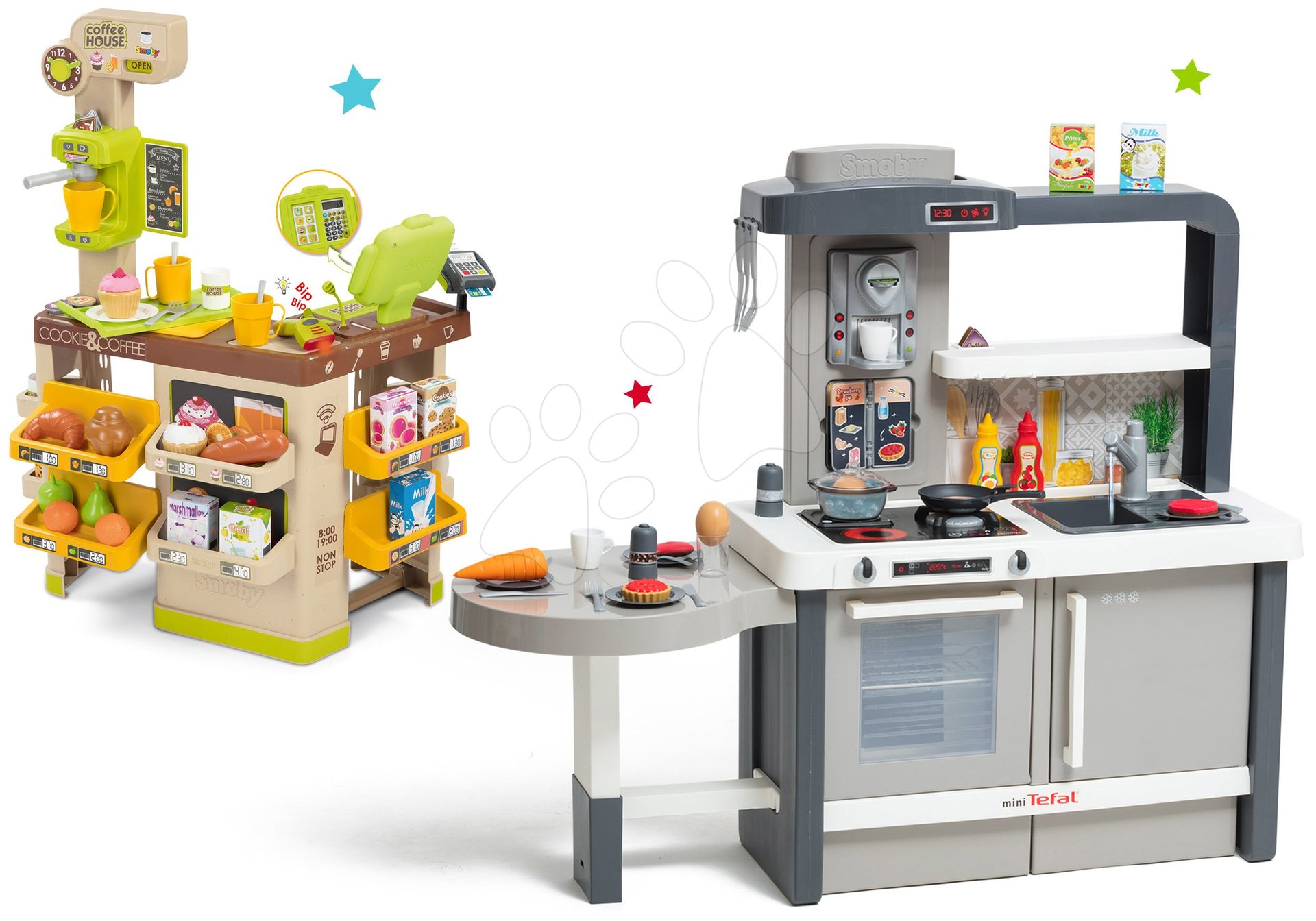 Set kuchynka rastúca s tečúcou vodou Tefal Evolutive Smoby a kaviareň Espresso Coffee House s Bio potravinami