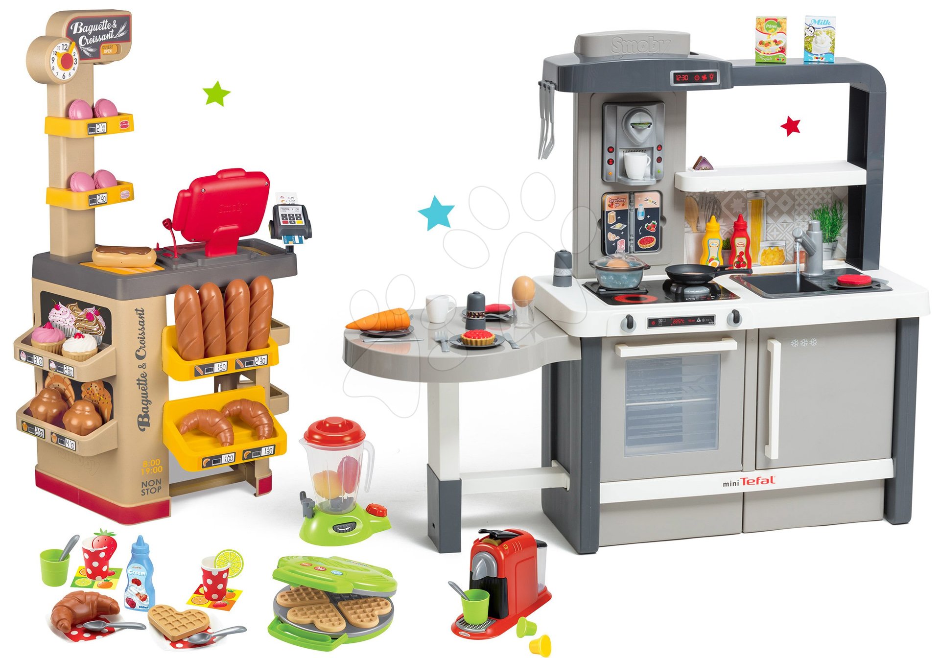 Set kuchynka rastúca s tečúcou vodou Tefal Evolutive Smoby a pekáreň s koláčmi Baguette&Croissant Bakery s vaflovačom