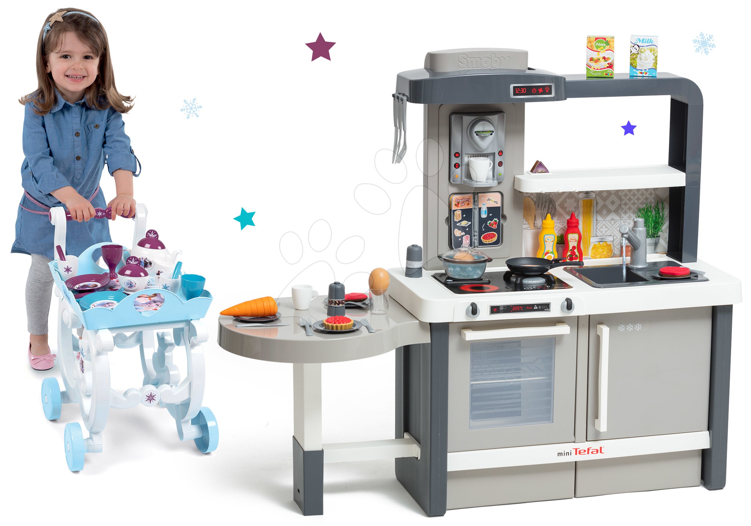 Set kuchyňka rostoucí s tekoucí vodou Tefal Evolutive Smoby a servírovací vozík Frozen XL Tea Trolley