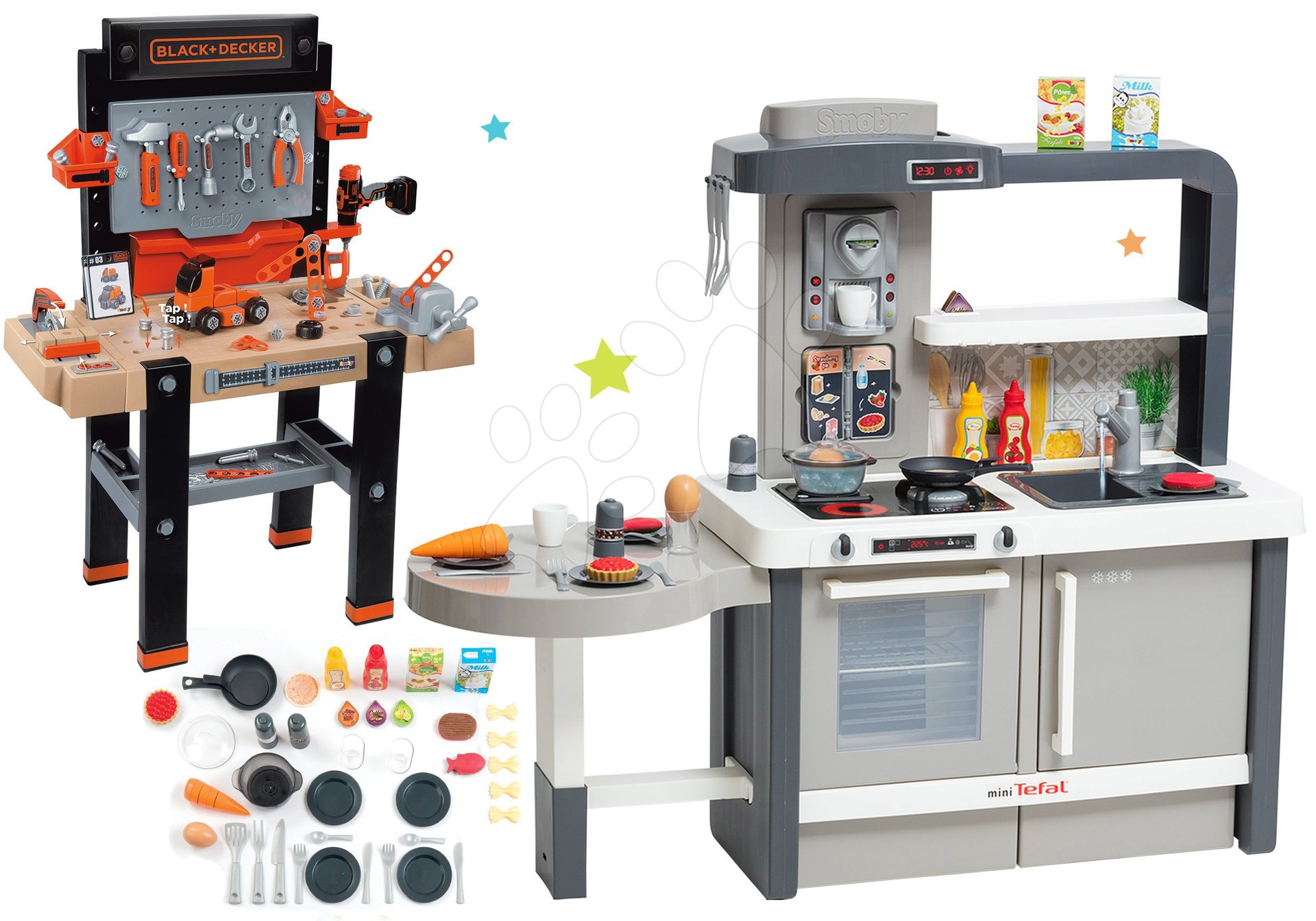 Set kuchynka rastúca s tečúcou vodou Tefal Evolutive Smoby a pracovná dielňa Black+Decker elektronická s vŕtačkou