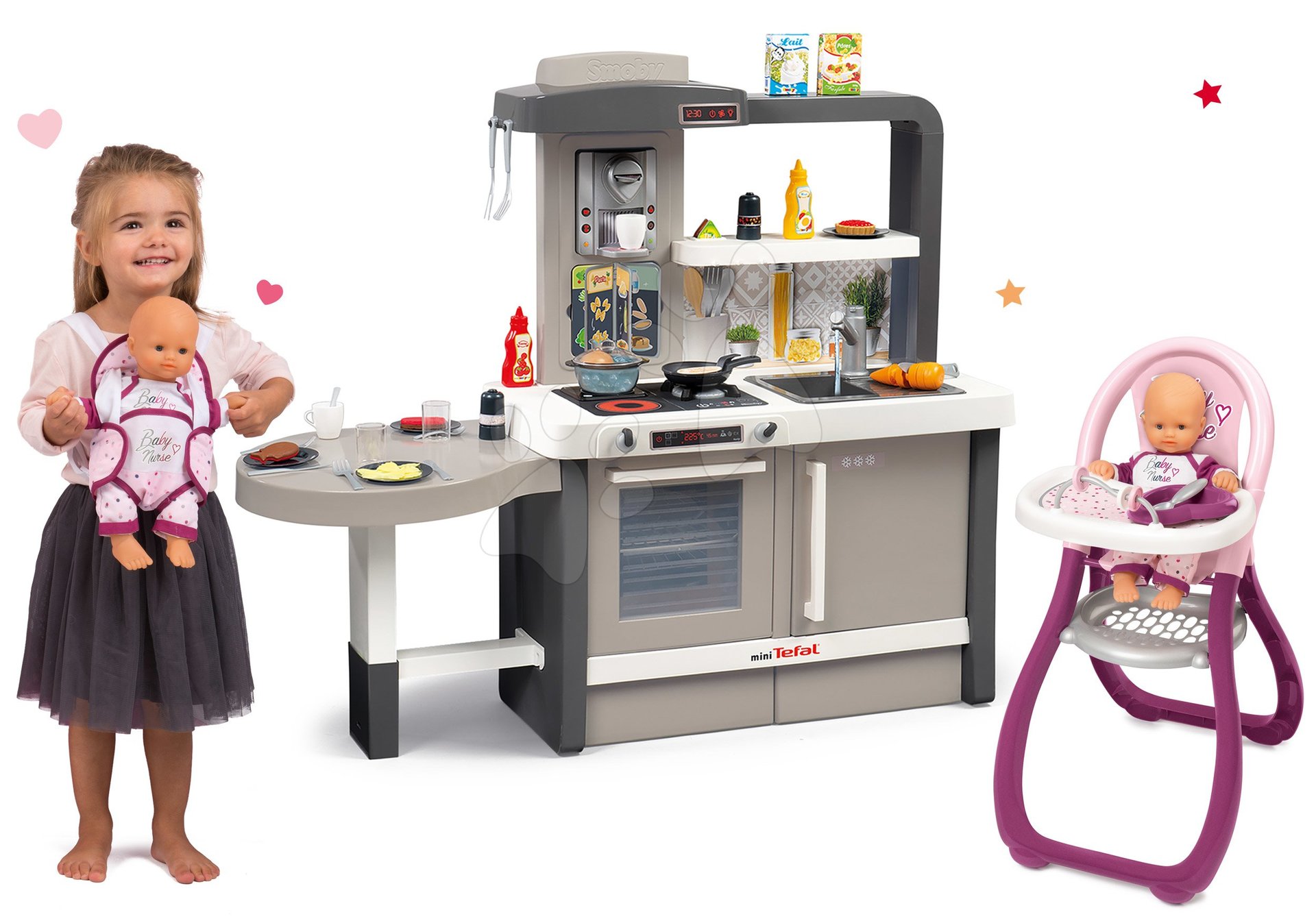 Kuchynky pre deti sety - Set kuchynka rastúca s tečúcou vodou Tefal Evolutive Smoby a jedálenská stolička Violette s nosítkom Baby Nurse