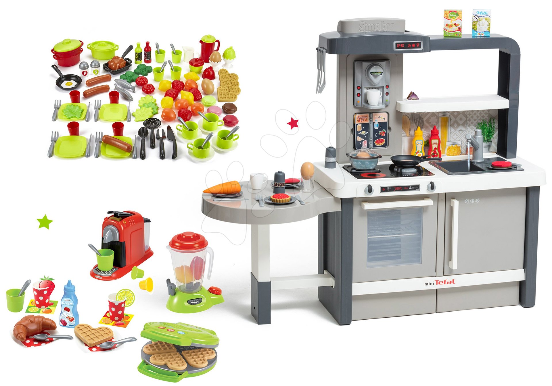 Set kuchynka rastúca s tečúcou vodou Tefal Evolutive Smoby a vaflovač s mixérom, kávovarom a vaflami a 100 potravín