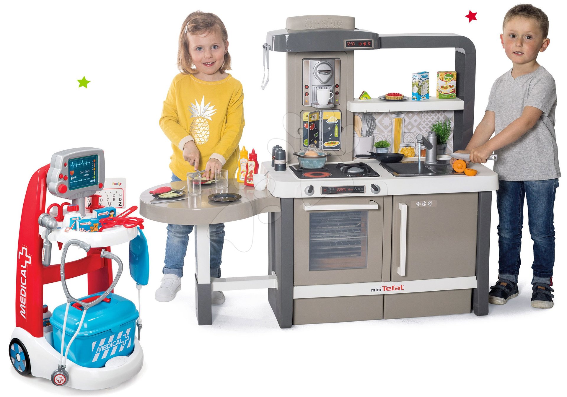 Set kuchynka rastúca s tečúcou vodou Tefal Evolutive Smoby a lekársky vozík elektronický s kufríkom