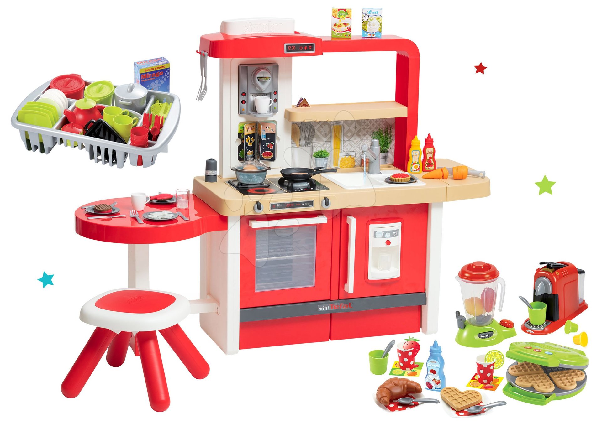 Set kuchynka rastúca s tečúcou vodou Tefal Evolutive Grand Chef Smoby a vaflovač s mixérom, kávovarom a vaflami a sušičkou riadu