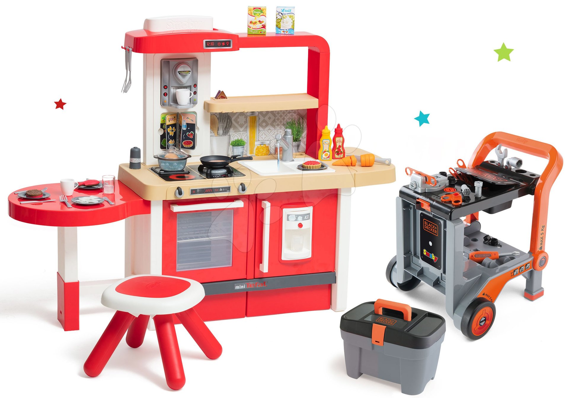 Set kuchynka rastúca s tečúcou vodou Tefal Evolutive Grand Chef Smoby a pracovná dielňa Black&Decker Devil Workmate