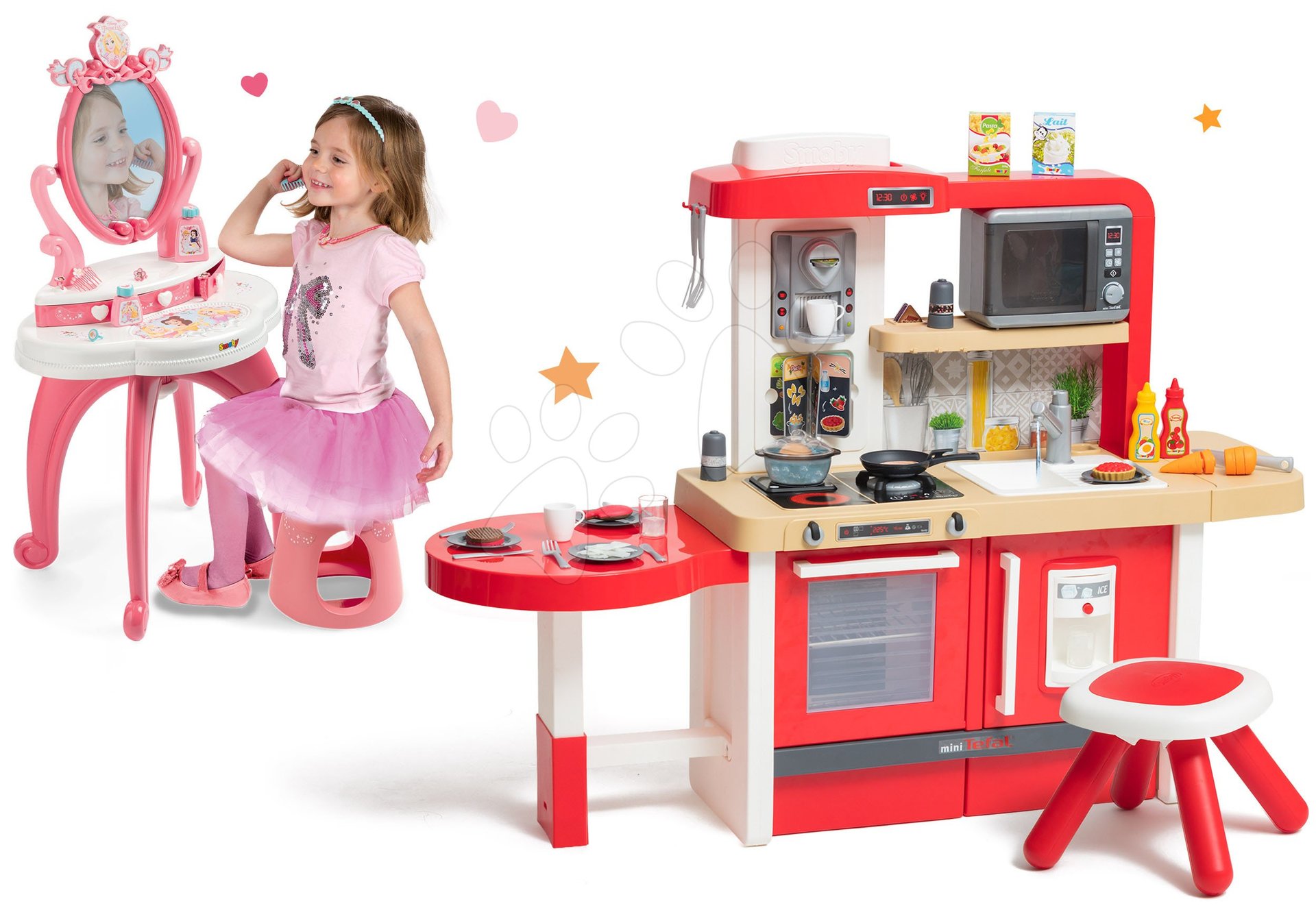 Kuchyňky pro děti sety - Set kuchyňka rostoucí s tekoucí vodou a mikrovlnkou Tefal Evolutive Smoby a kosmetický stolek 2v1 Princezny