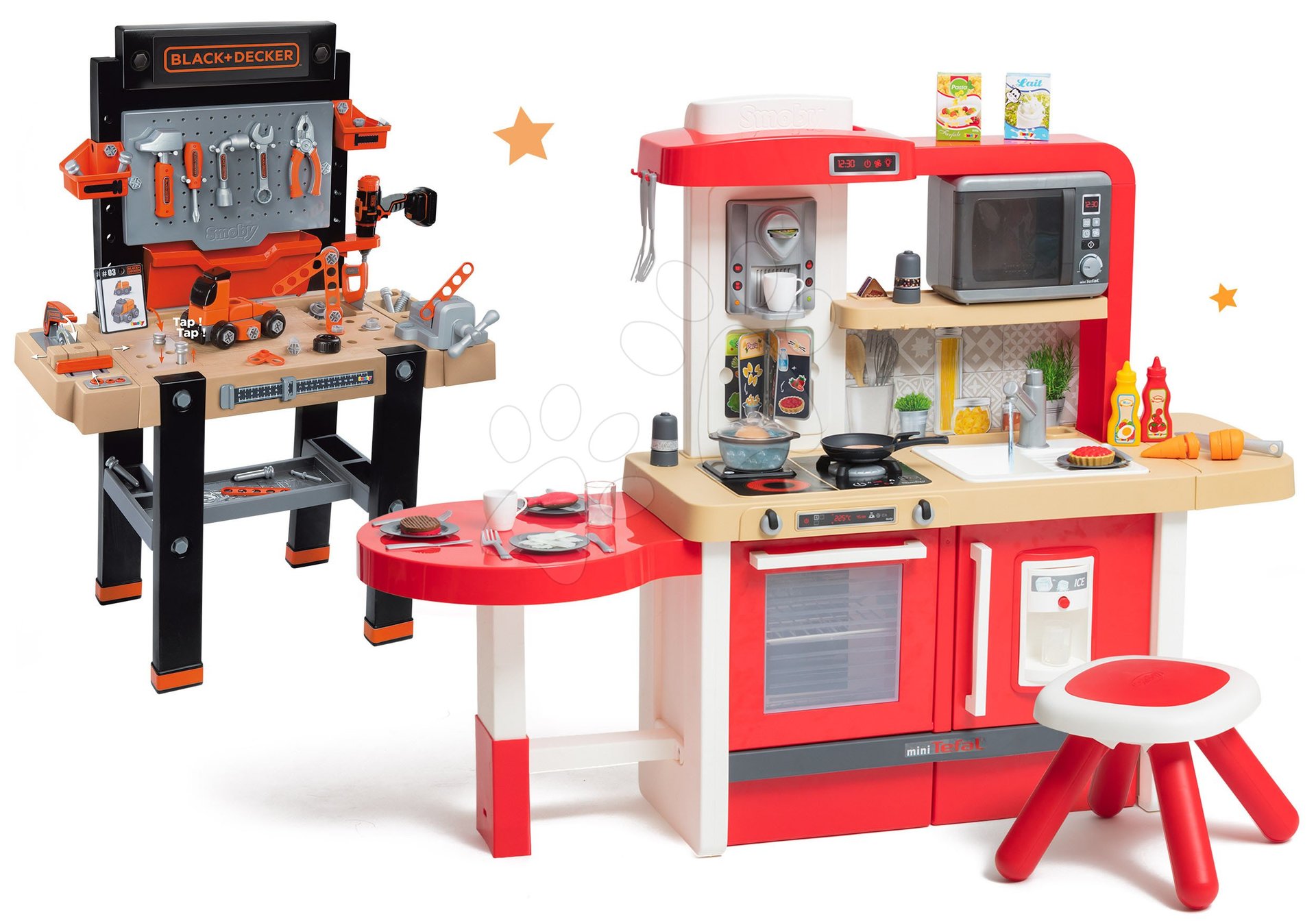 Spielküchensets - Küchenset mitwachsend mit fließendem Wasser und Mikrowelle Tefal Evolutive Smoby und Black+Decker Werkstatt mit Faltwagen