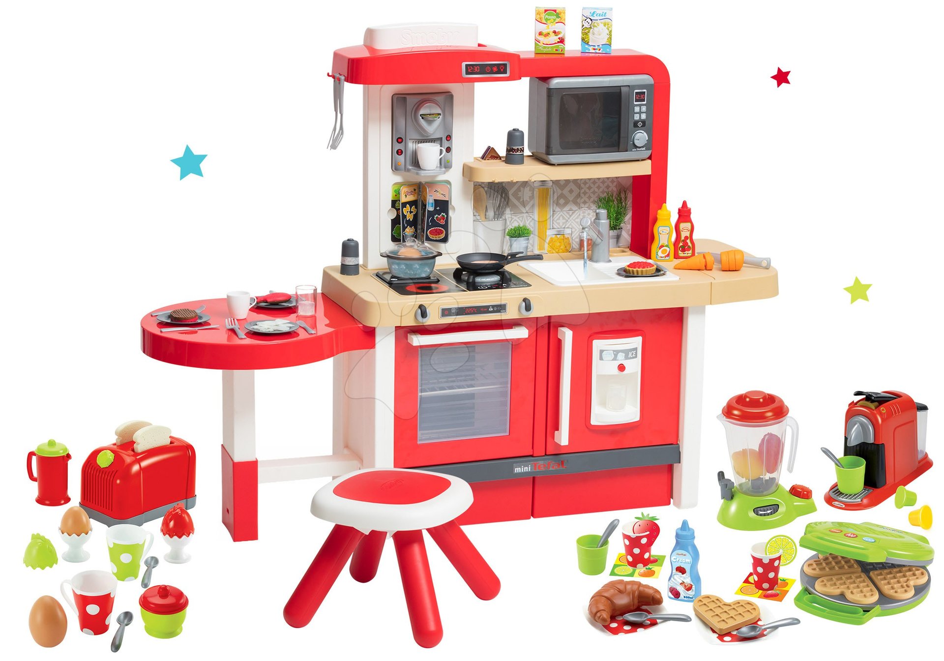 Set kuchynka rastúca s tečúcou vodou a mikrovlnkou Tefal Evolutive Smoby a vaflovač s mixérom, kávovarom a vaflami a hriankovačom