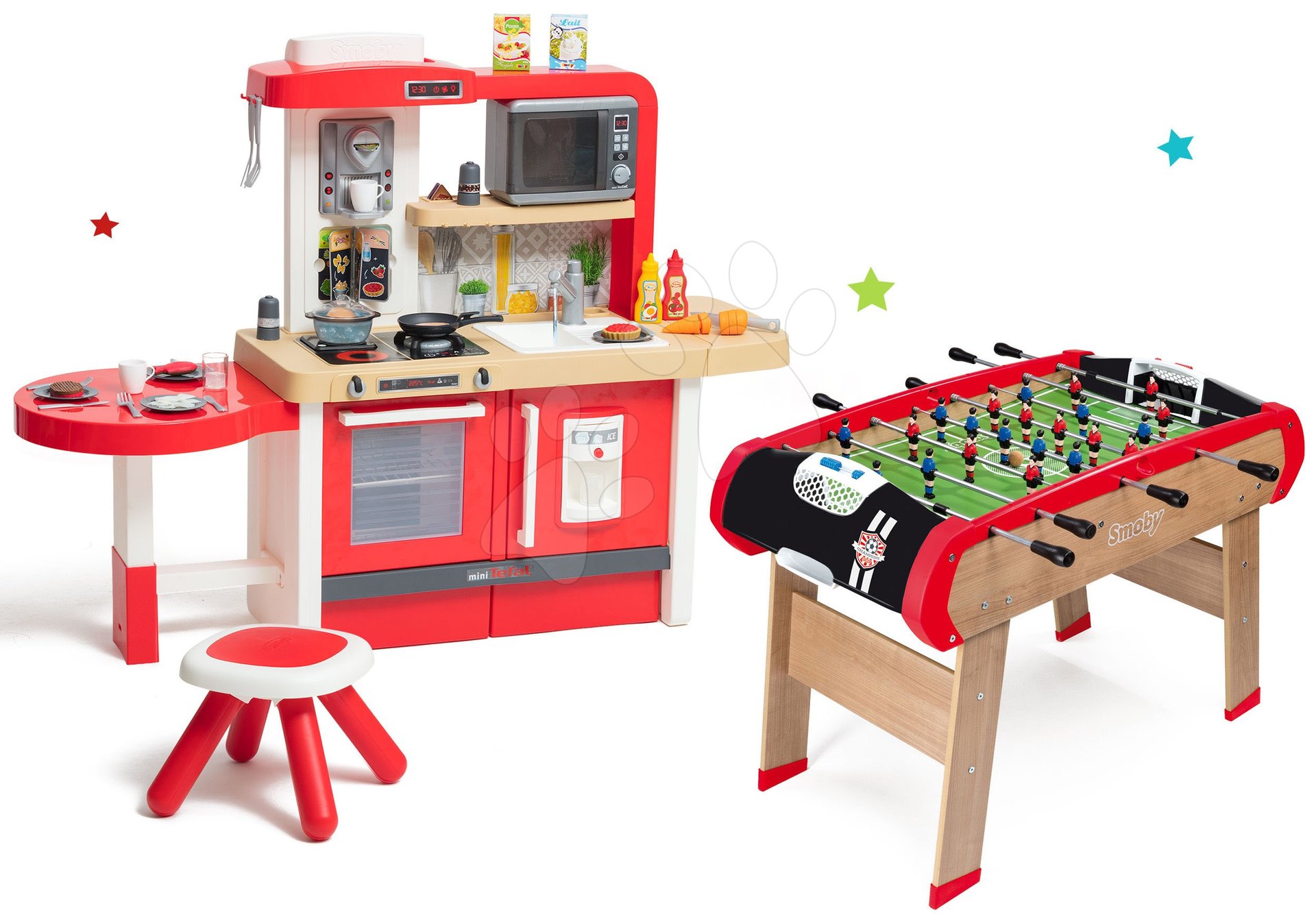 Kuchyňky pro děti sety - Set kuchyňka rostoucí s tekoucí vodou a mikrovlnkou Tefal Evolutive Smoby a dřevěný fotbalový stůl BBF Champions