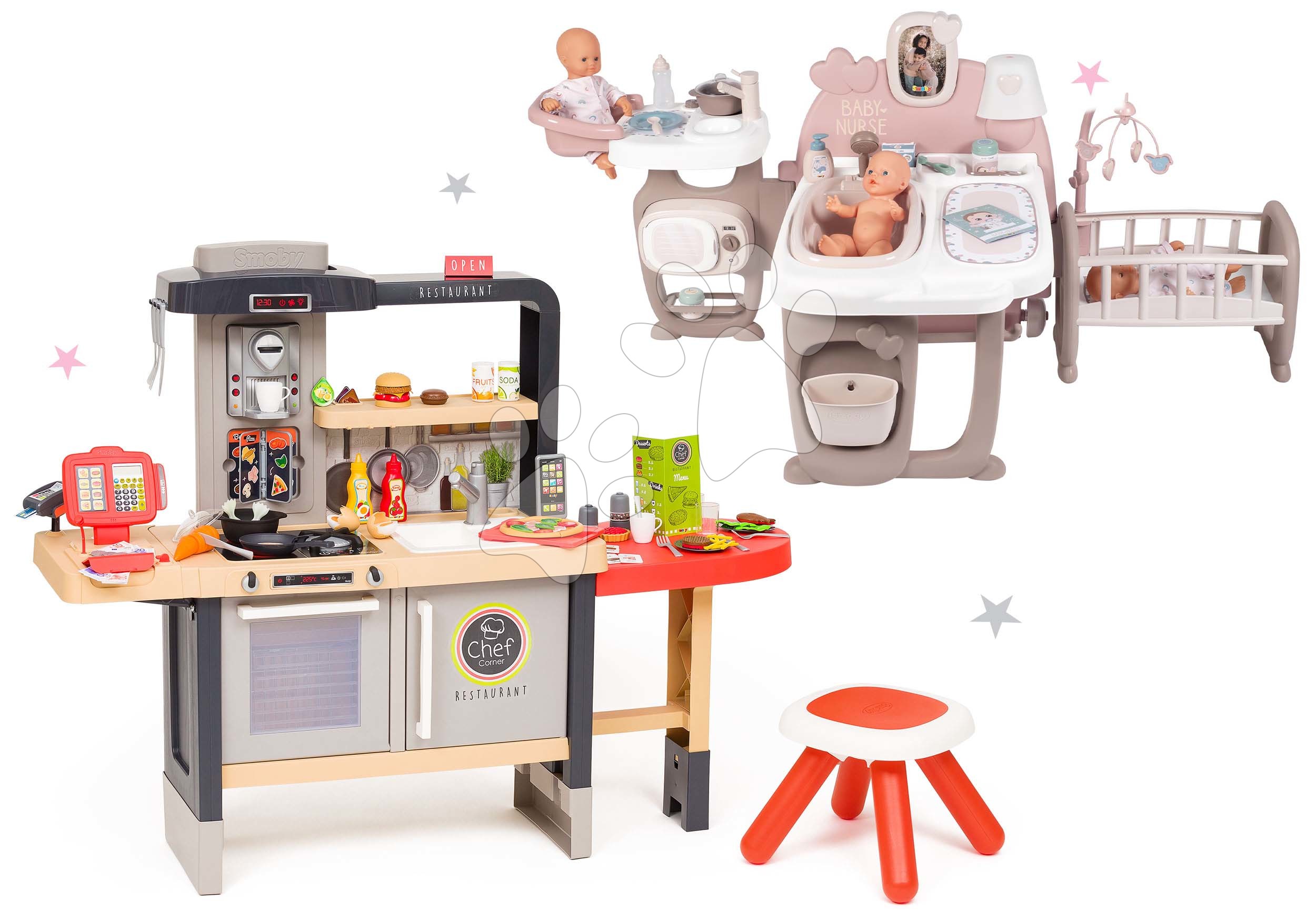 Spielküchensets - Set Restaurant mit elektronischer Küche Chef Corner Restaurant Smoby mit Wickeltisch Baby Nurse dreiflügelig