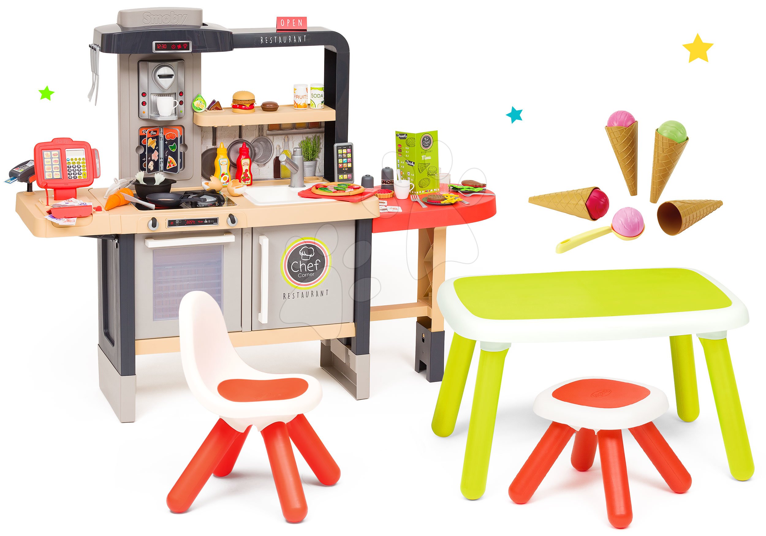 Set restaurace s elektronickou kuchyňkou Chef Corner Restaurant Smoby se zmrzlinou a zelený stůl s červenou židlí