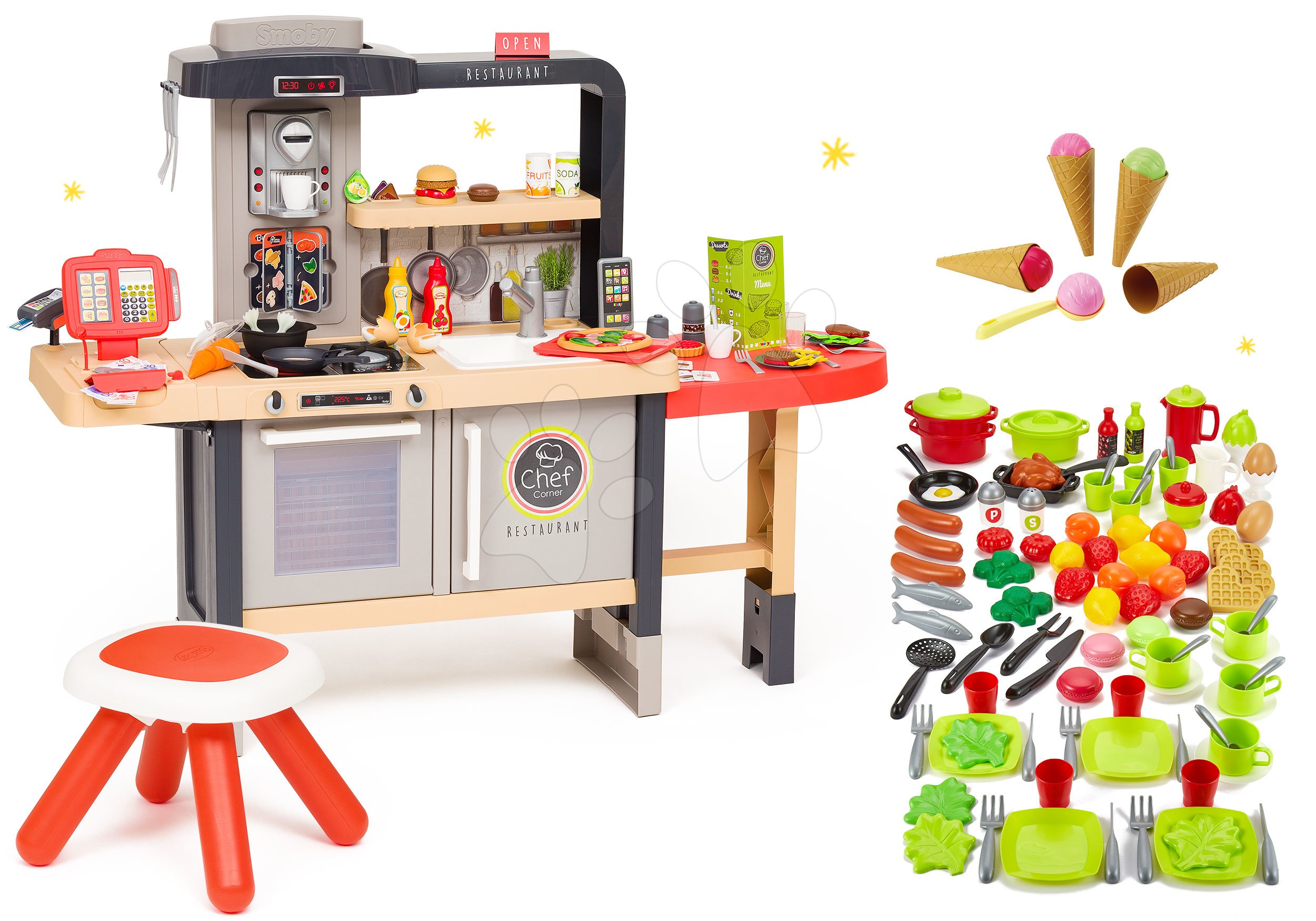 Set reštaurácia s elektronickou kuchynkou Chef Corner Restaurant Smoby a doplnky na varenie 100 kusov ovocie zelenina a potraviny s riadom a zmrzlinou