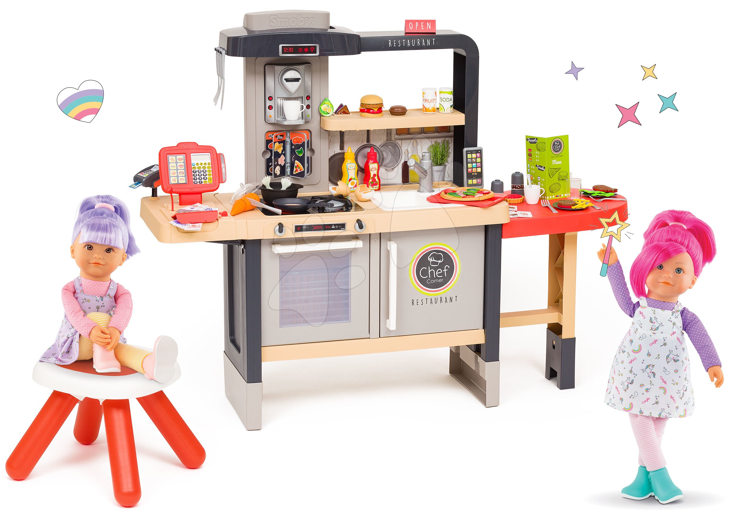 Kuchynky pre deti sety - Set reštaurácia s elektronickou kuchynkou Chef Corner Restaurant Smoby a bábiky kamošky Nephelie a Iris Rainbow Dolls