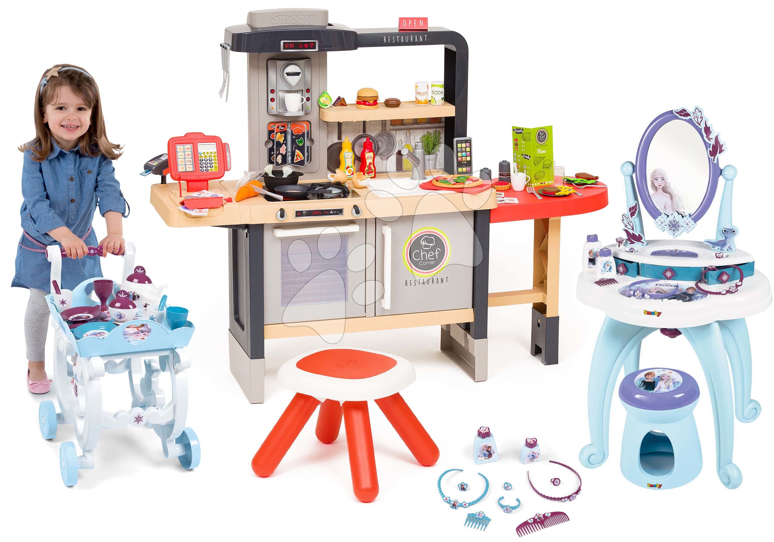 Spielküchensets - Set Restaurant mit elektronischer Küche Chef Corner Restaurant Smoby und Frozen Kosmetiktisch mit Servierwagen
