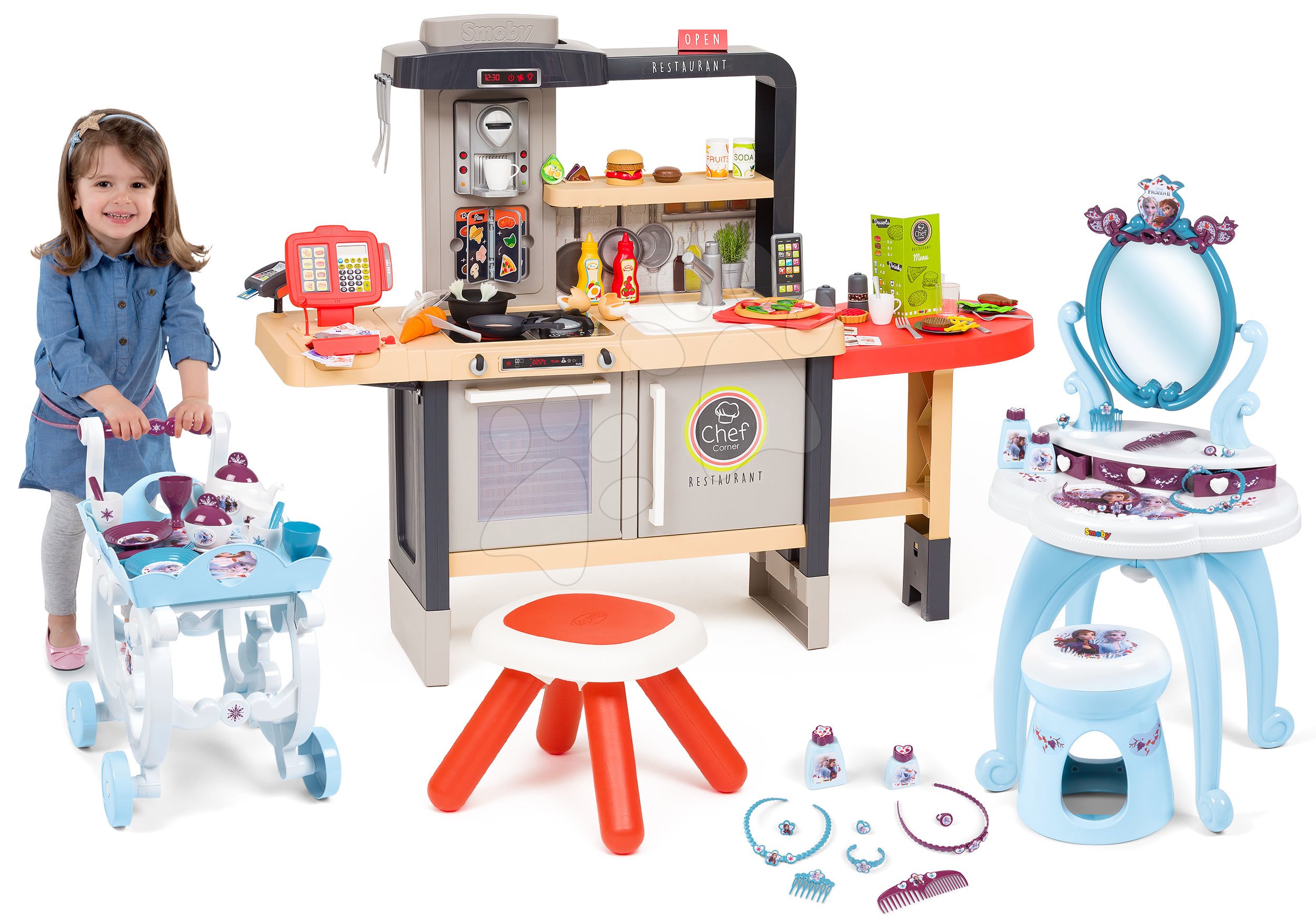 Set reštaurácia s elektronickou kuchynkou Chef Corner Restaurant Smoby a kozmetický stolík Frozen so servírovacím vozíkom