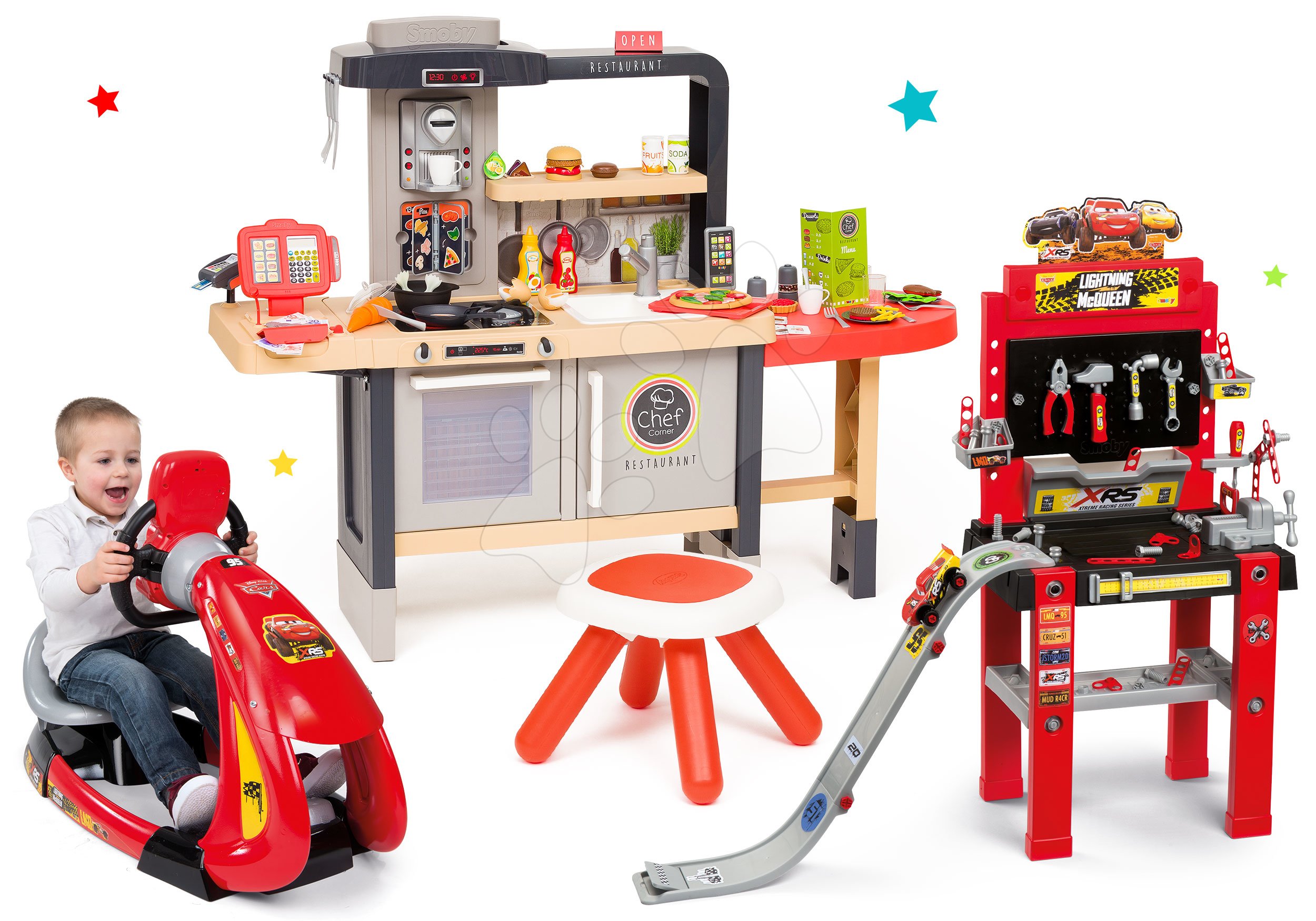 Kuchynky pre deti sety - Set reštaurácia s elektronickou kuchynkou Chef Corner Restaurant Smoby a pracovná dielňa Cars s elektronickým trenažérom