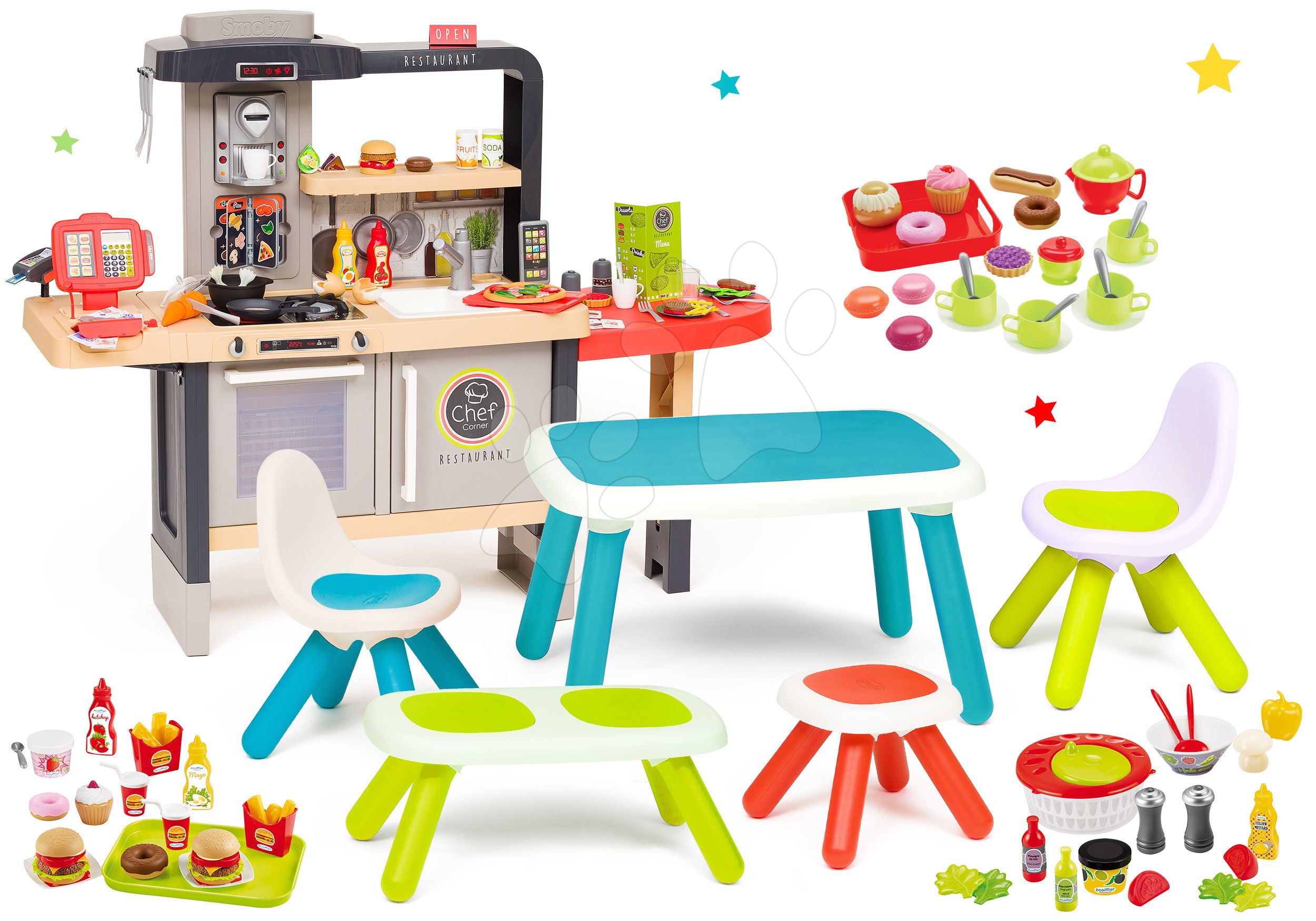 Kuchynky pre deti sety - Set reštaurácia s elektronickou kuchynkou Chef Corner Restaurant Smoby a jedáleň s prestretým stolom lavičkou a stoličkami