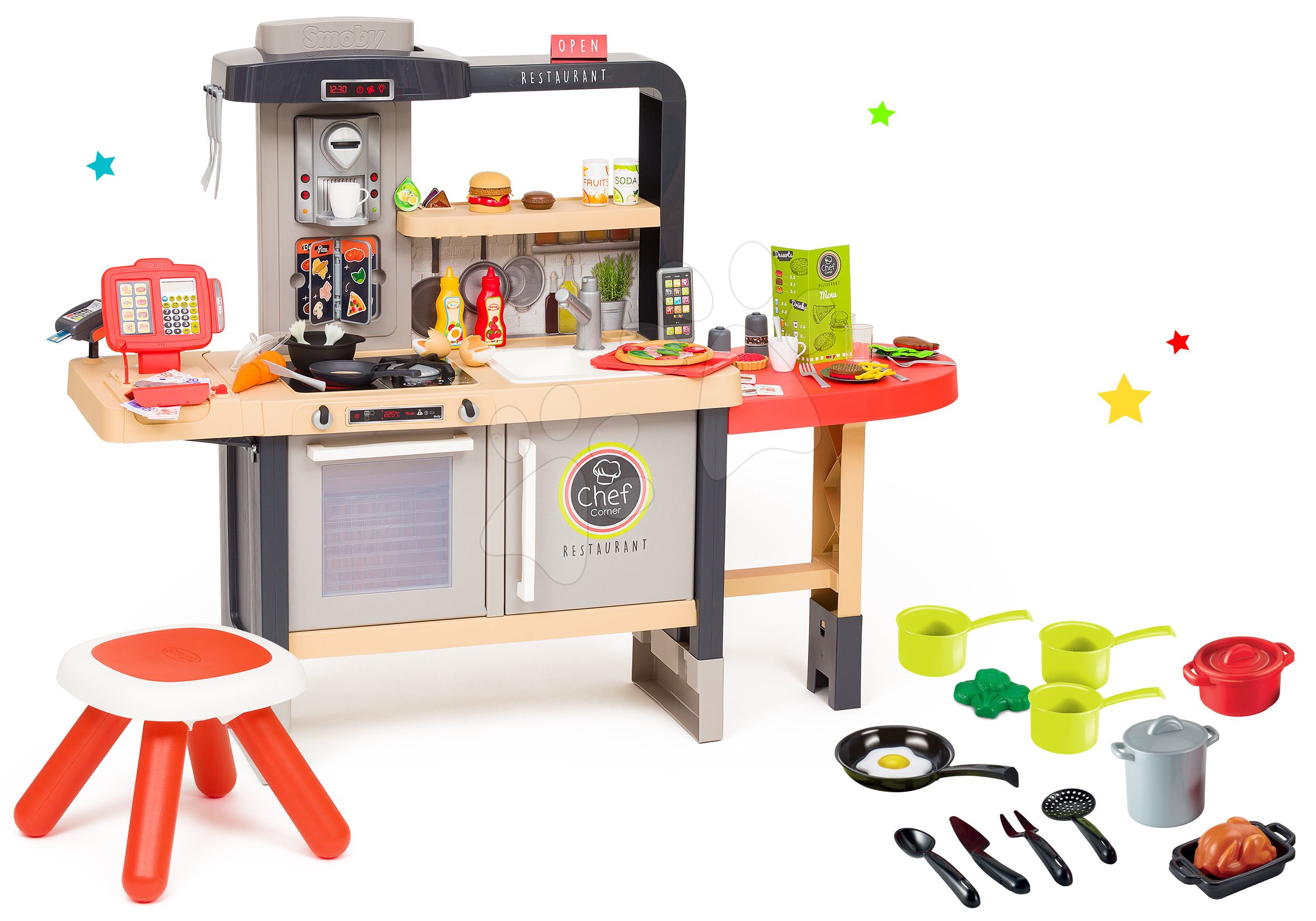 Reštaurácia s elektronickou kuchynkou Chef Corner Restaurant Smoby a riadom a hrncami