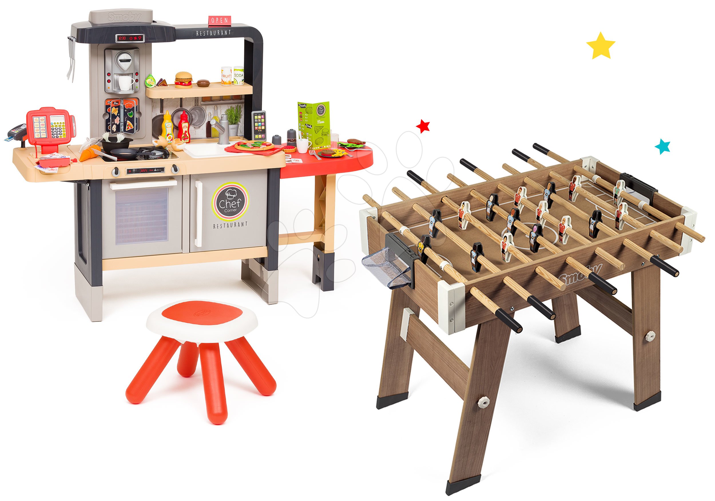 Kuchyňky pro děti sety - Set restaurace s elektronickou kuchyňkou Chef Corner Restaurant Smoby s dřevěným fotbalovým stolem