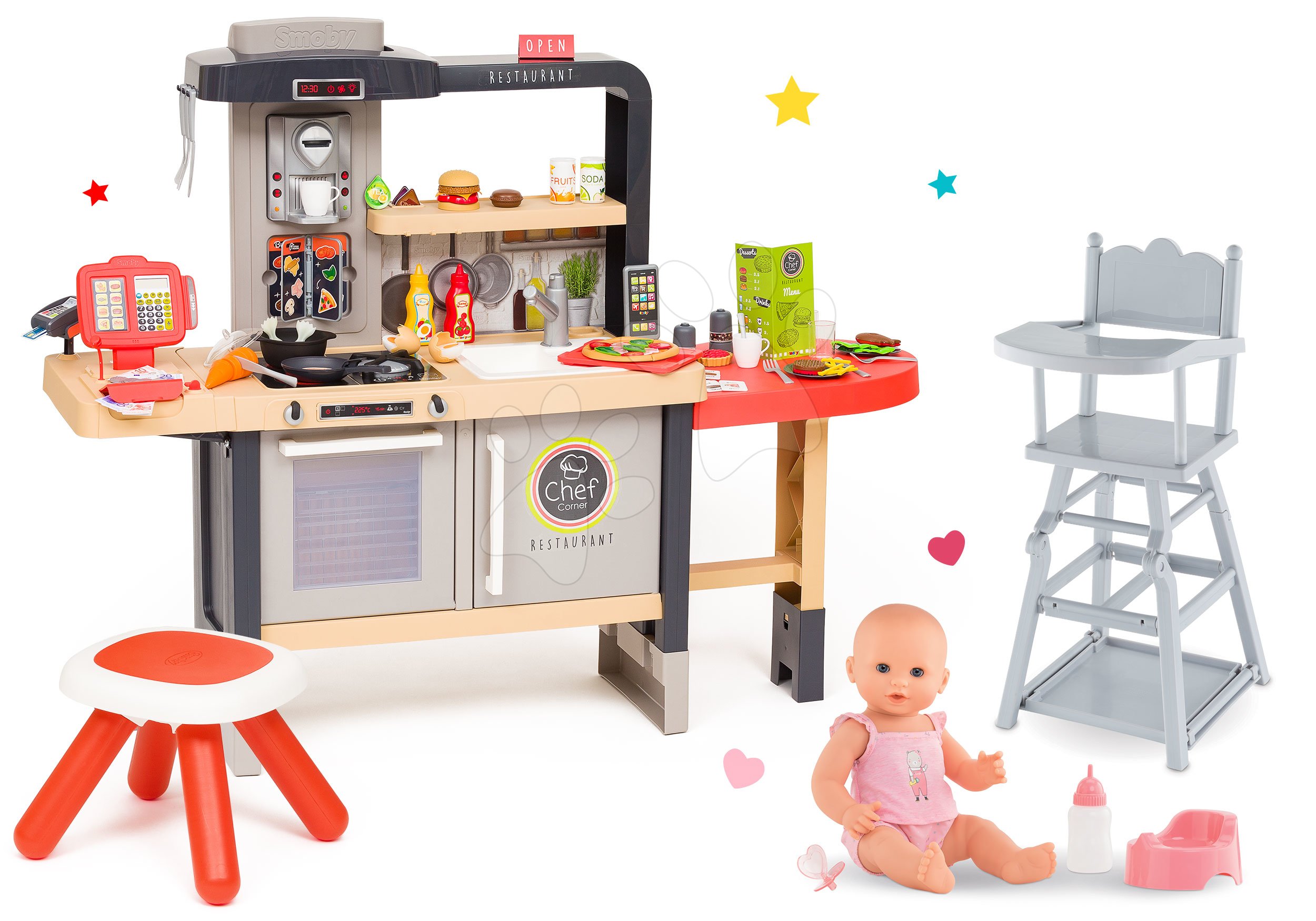 Kuchyňky pro děti sety - Set restaurace s elektronickou kuchyňkou Chef Corner Restaurant Smoby s jídelní židličkou a čurající panenkou