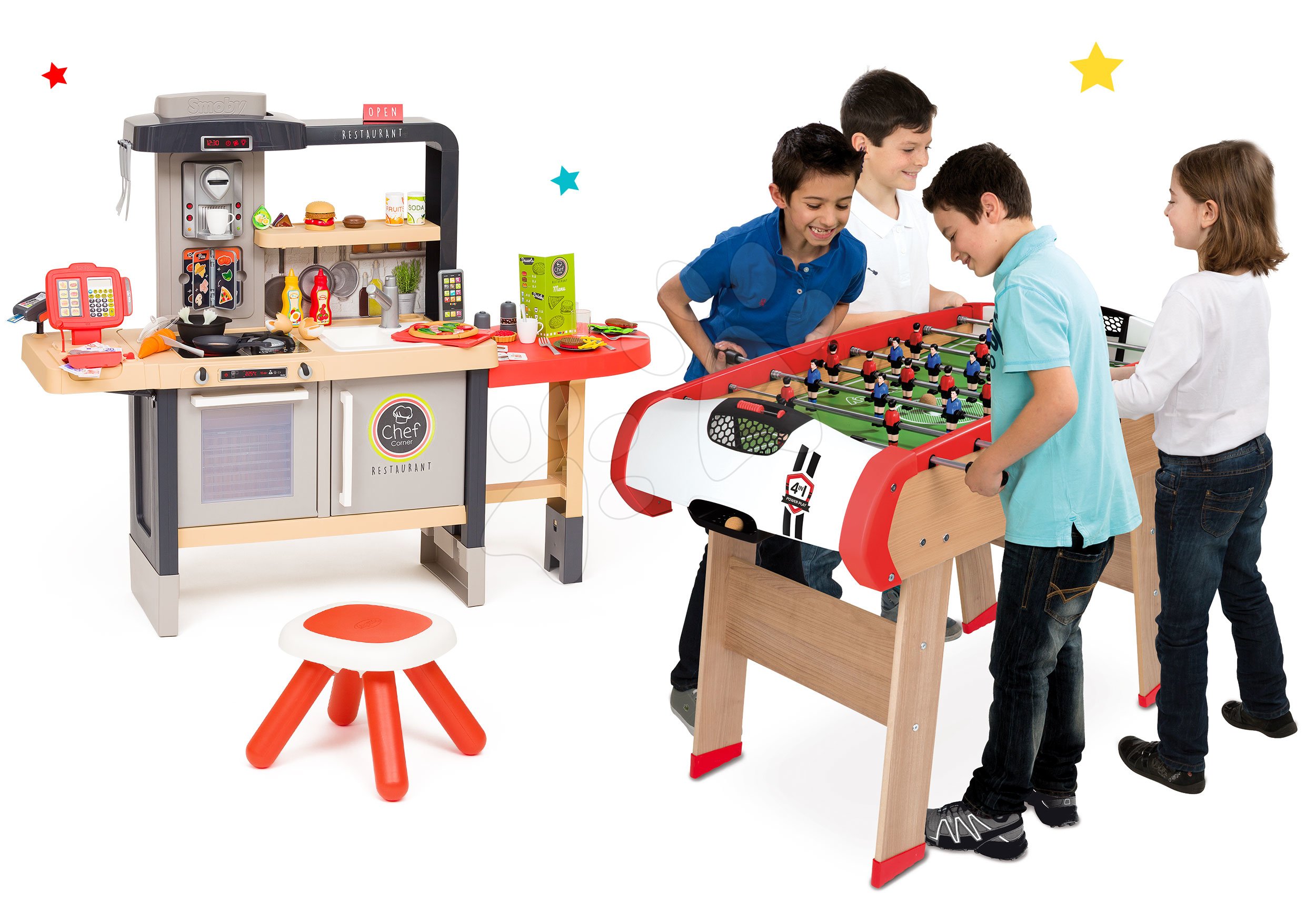 Kuchynky pre deti sety - Set reštaurácia s elektronickou kuchynkou Chef Corner Restaurant Smoby a drevený stolný futbal, biliard, hokej a tenis