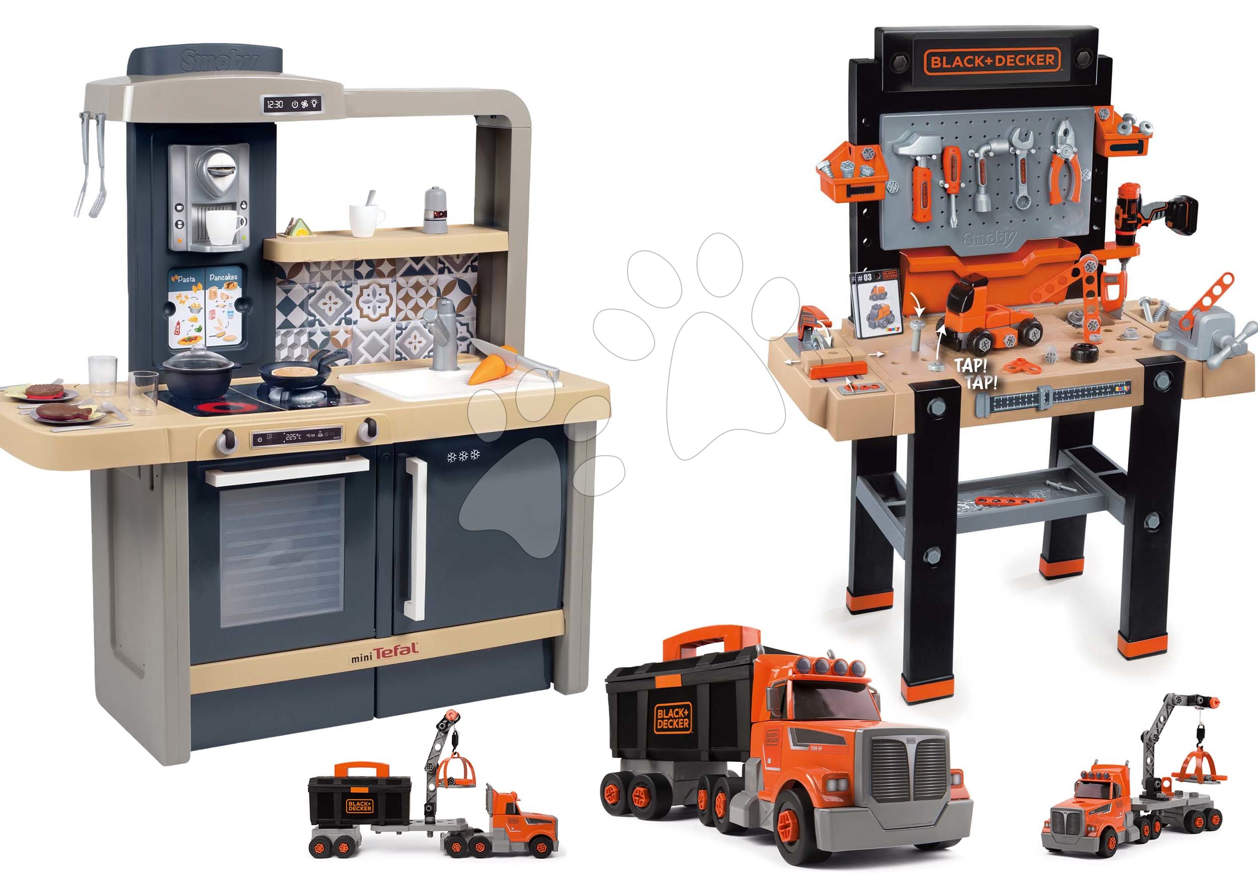 Spielküchensets - Elektronische Küche mit einstellbarer Höhe Tefal Evolutive und Arbeitsplatte Smoby elektronische und LKW mit Koffer