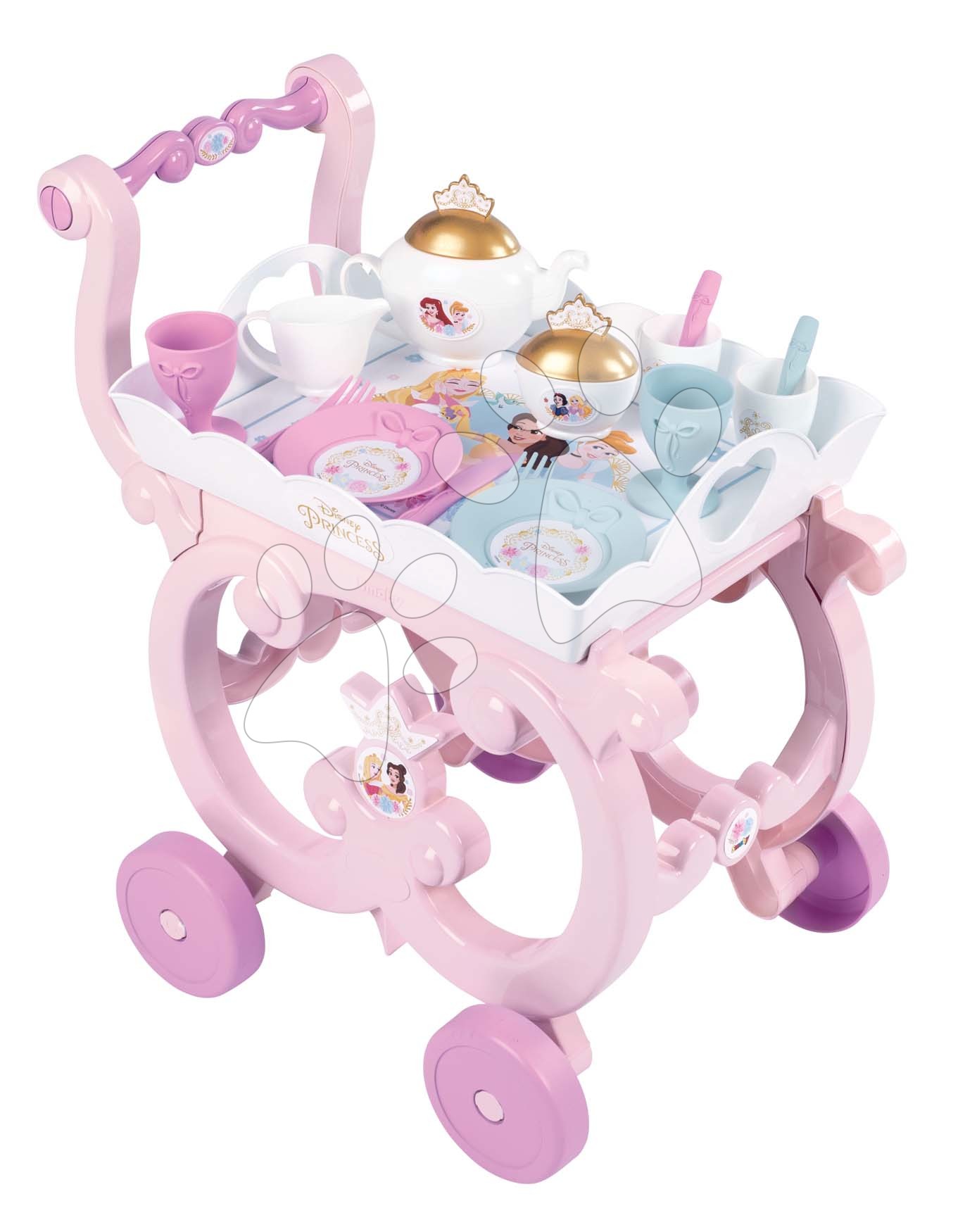 Játékkonyha kiegészítők és edények - Zsúrkocsi Disney Princess XL Tea Trolley Smoby nagy teás készlettel 17 darabos