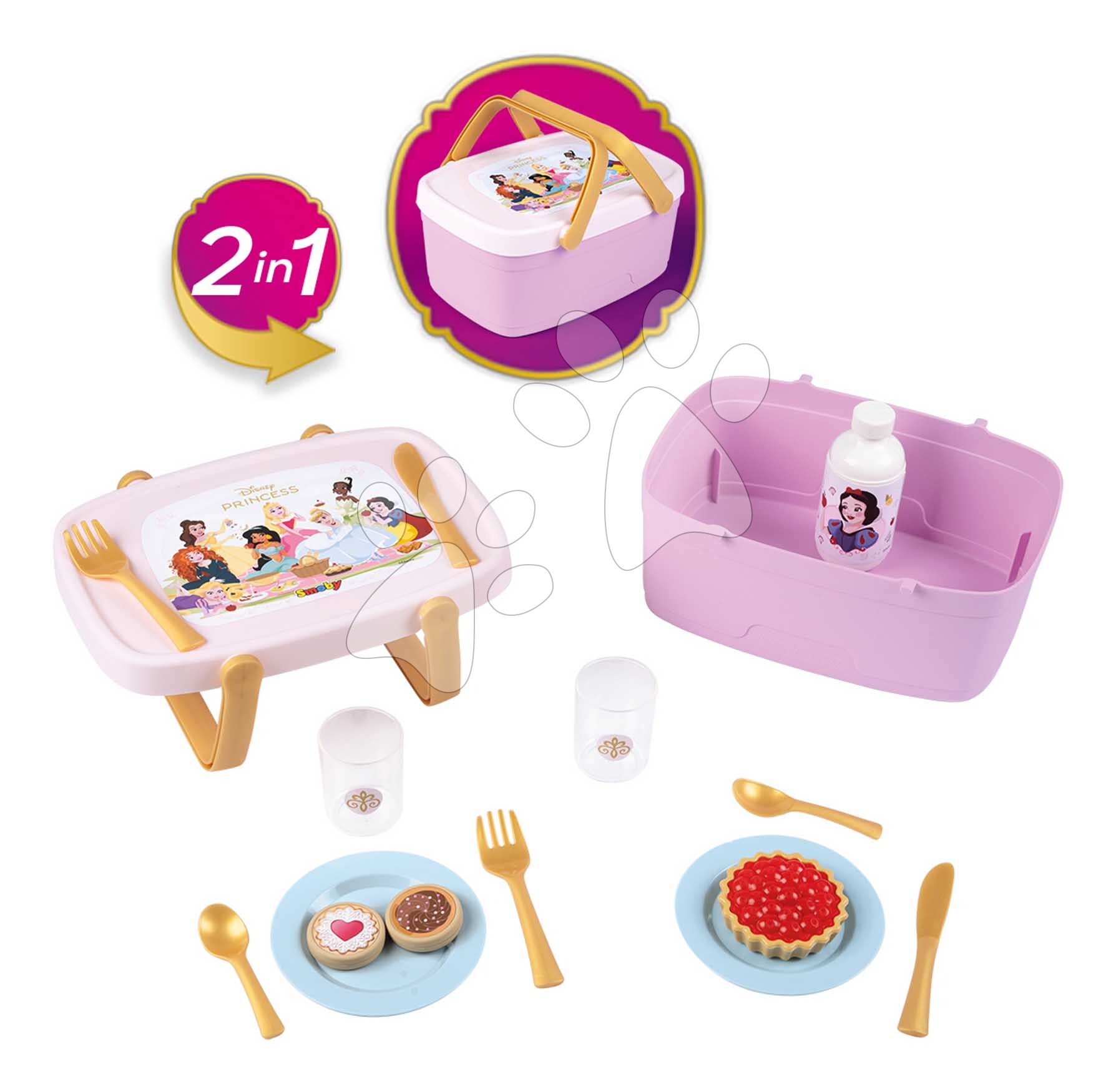 Piknik kosár és asztal 2in1 Hercegnők Disney Picnic Basket Smoby 14 kiegészítővel ebédkészlettel