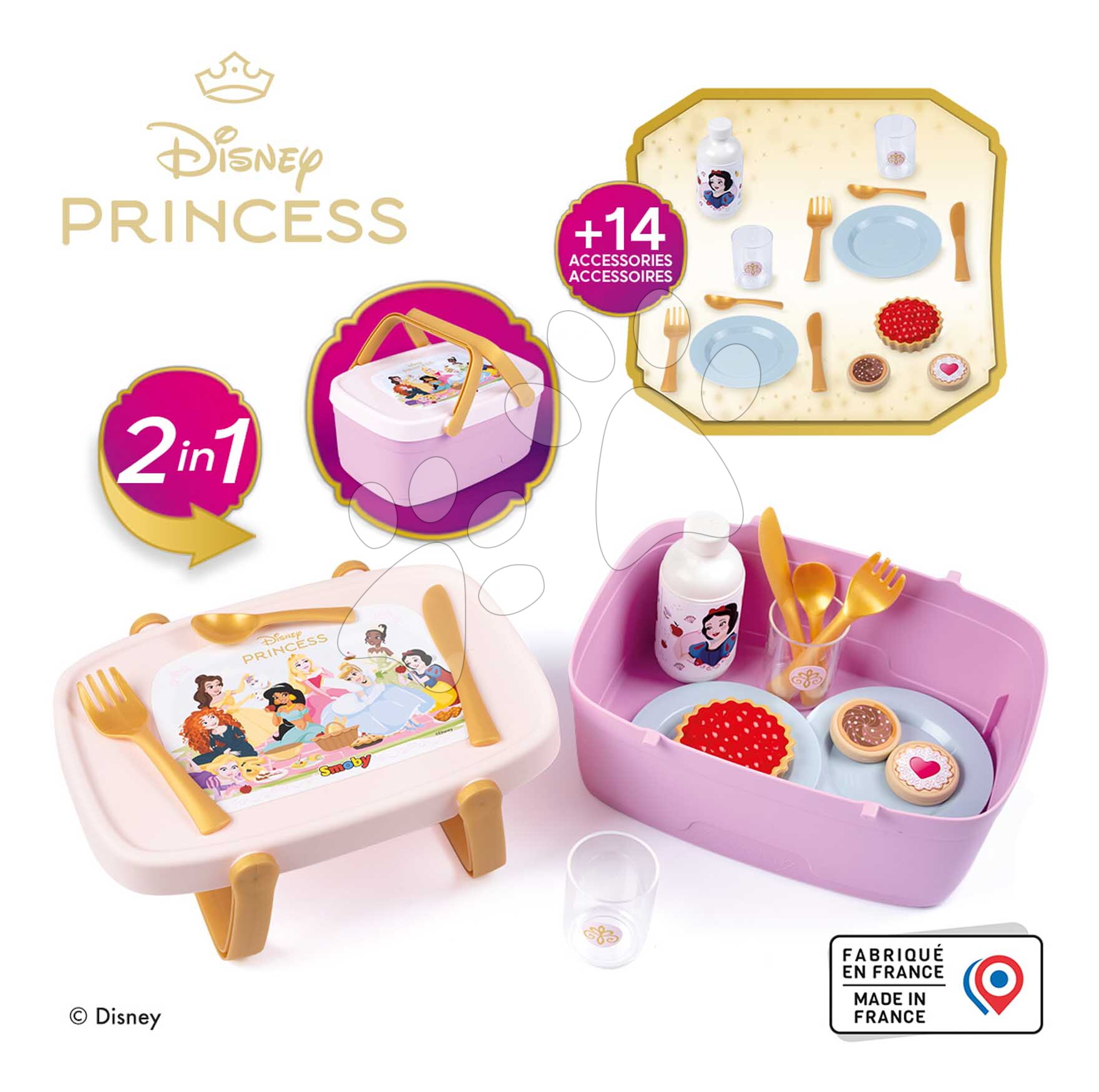 Piknikový košík a stolík 2v1 Princezné Disney Picnic Basket Smoby 14 doplnkov s obedovou súpravou