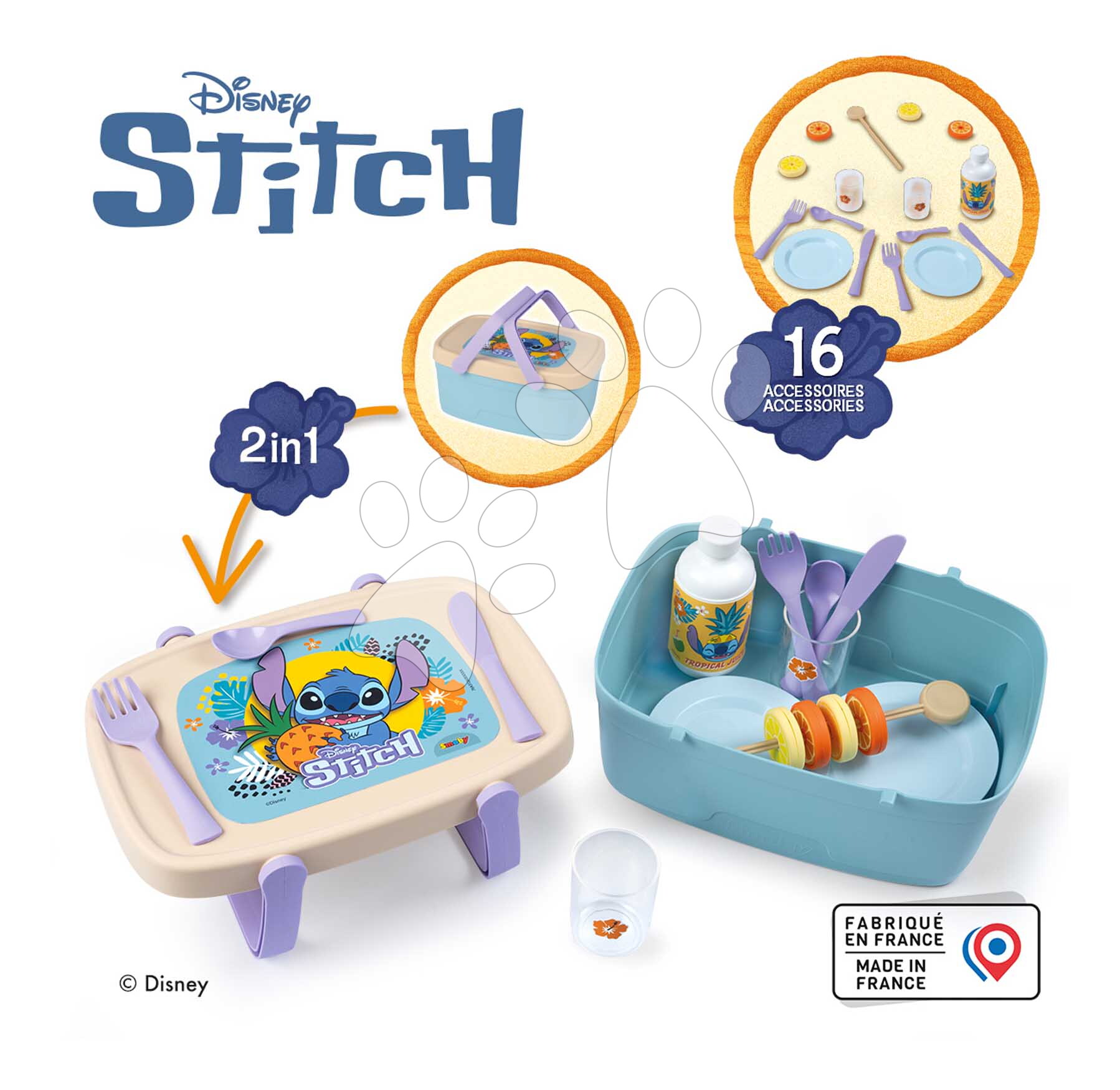 Piknikový košík a stolík 2v1 Stitch Picnic Basket Smoby 16 doplnkov s obedovou súpravou
