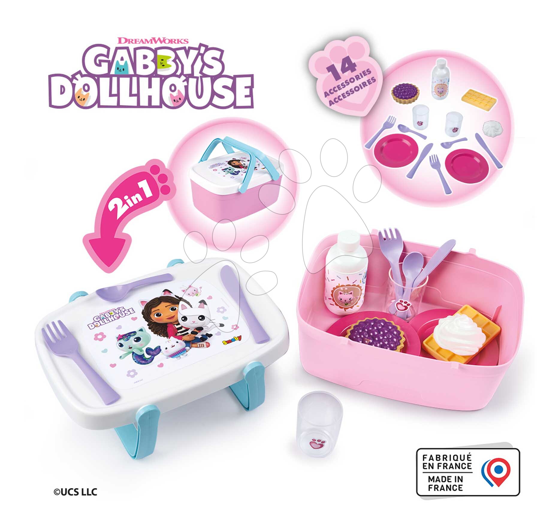 Piknik kosár és asztal 2in1 Gabby Picnic Basket Smoby 14 kiegészítővel ebédkészlettel