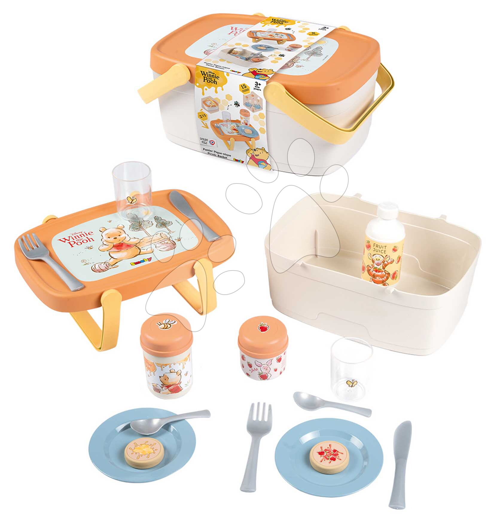 Piknikkosár és asztalka 2in1 Micimackó Picnic Basket Smoby ebédkészlettel 15 kiegészítő 18 hó-tól