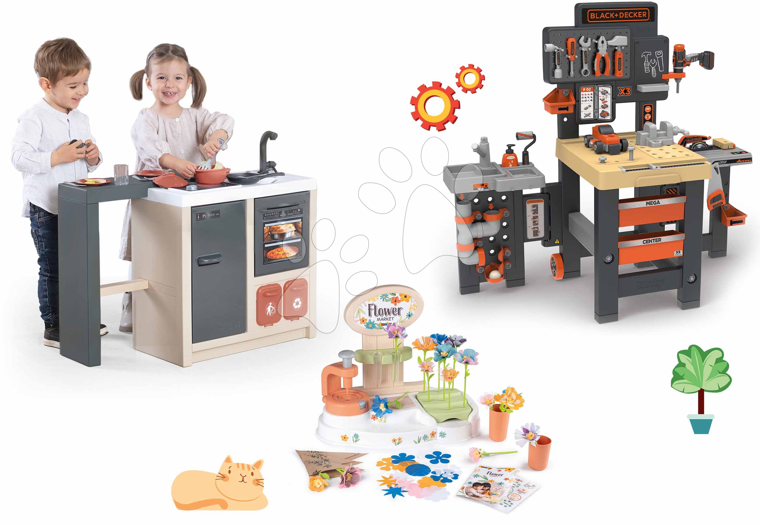 Set kuchyňka ostrůvek a květinářství Kitchen Island 360° Smoby a pracovní stůl trojkřídlý Black&Decker