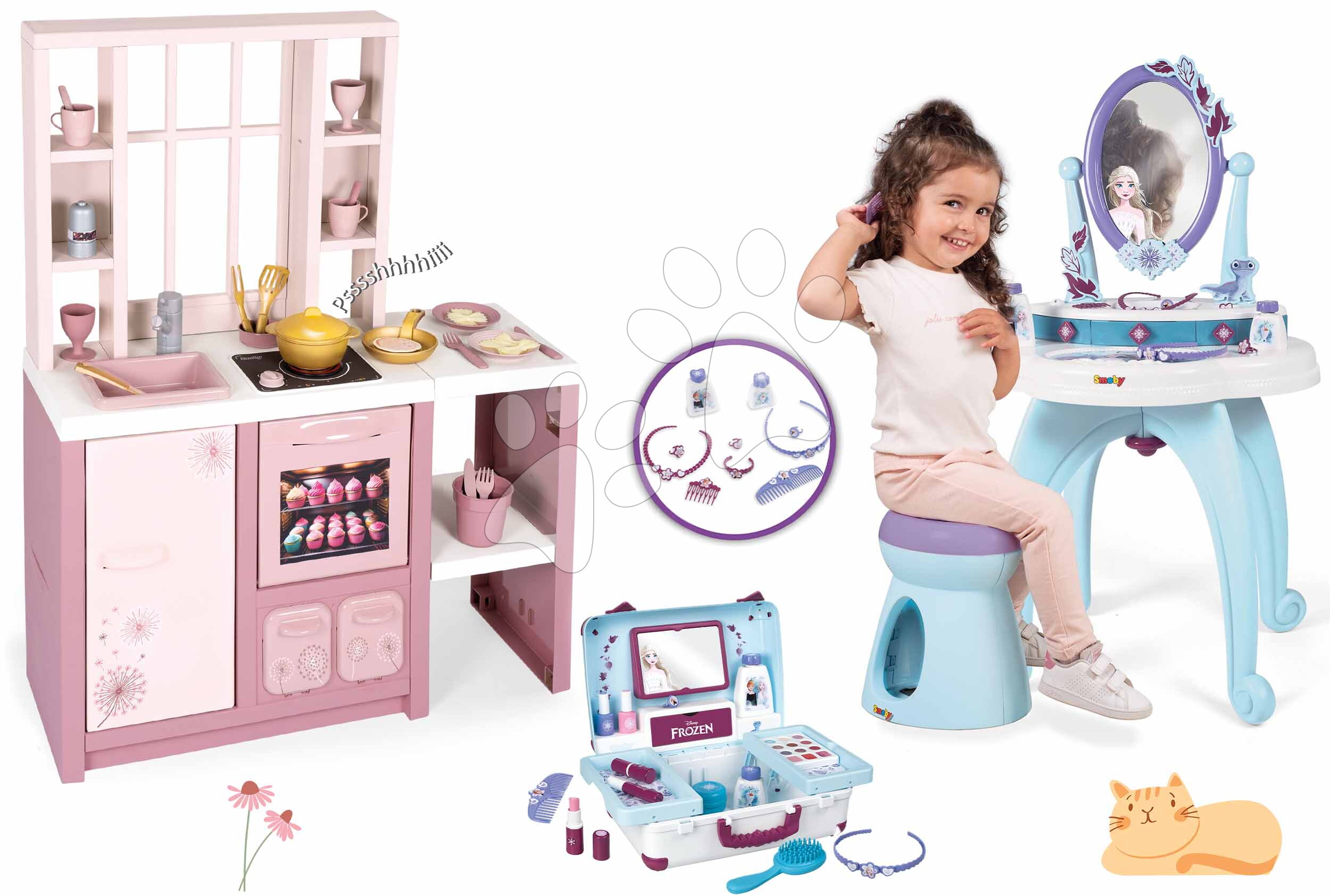 Set kuchynka elektronická a kozmetický stolík Frozen Loft Fleur Pink 360° Smoby s taburetkou a kozmetický kufrík