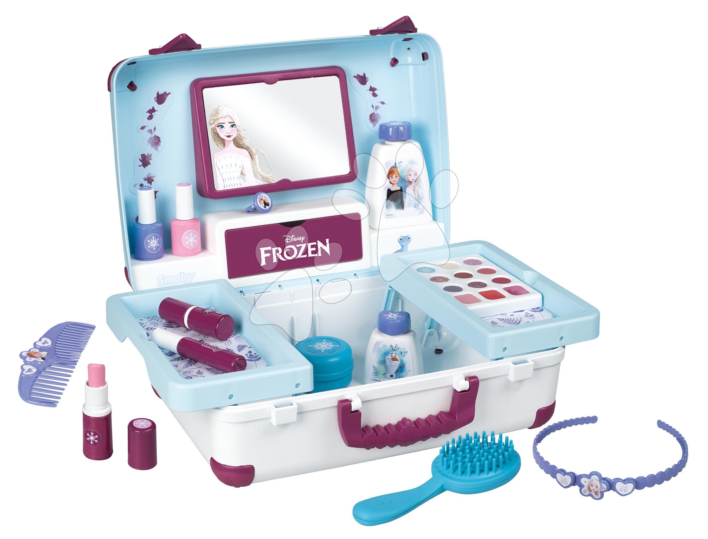 Măsuță cosmetică pentru copii - Valiză cosmetică Frozen My Beauty Vanity Smoby pentru coafor, un studio de unghii și o cosmeticiană de machiaj cu 13 accesorii SM320153