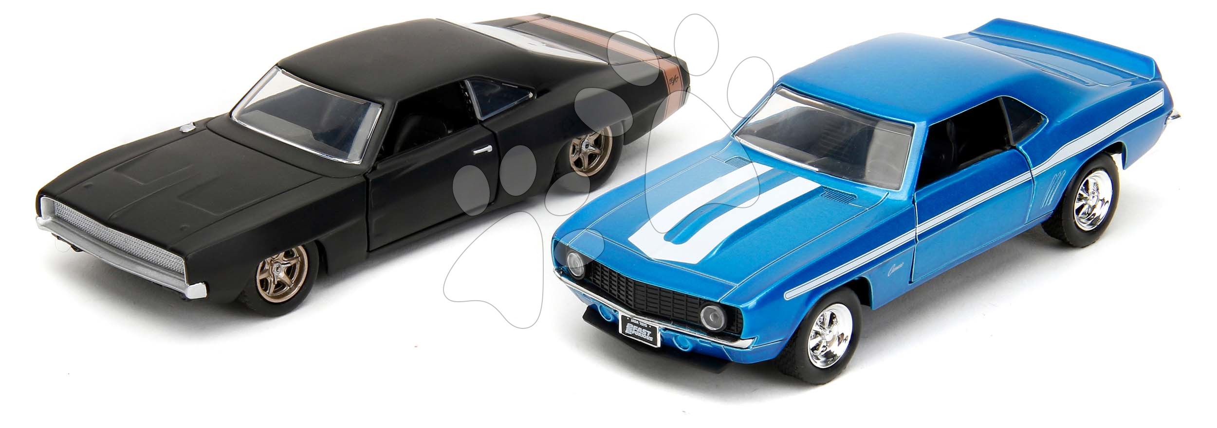 Autíčka Chevrolet Camaro 1969 a Dodge Charger Wide Body 1968 Fast & Furious Twin Pack Jada kovová s otevíratelnými dveřmi délka 13 cm 1:32