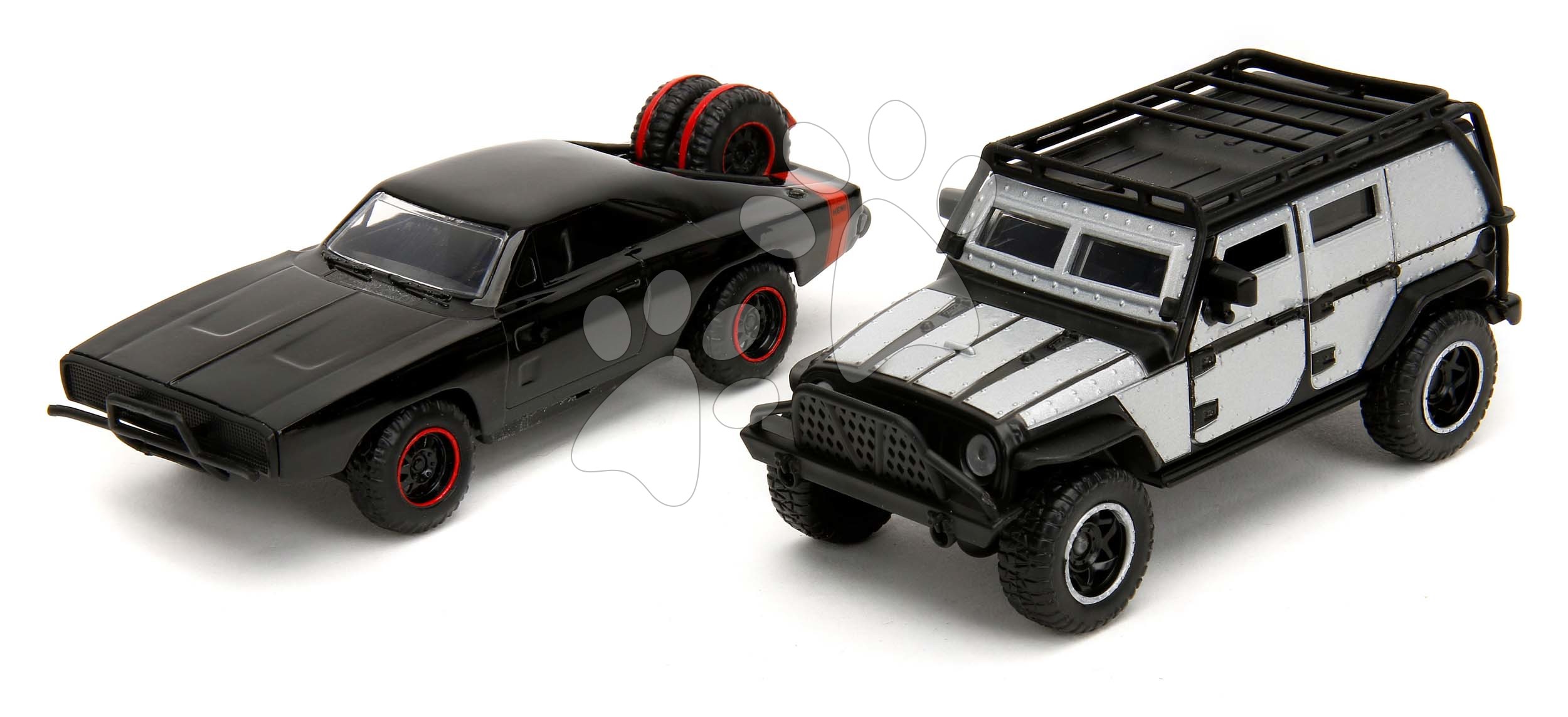 Autíčka Tejs Jeep Wrangler a Dodge Charger 1970 Fast & Furious Twin Pack Jada kovová s otevíratelnými dveřmi délka 13 cm 1:32