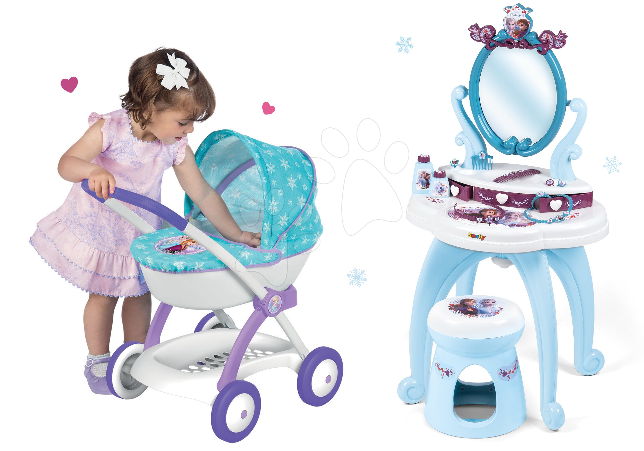 Set kozmetický stolík Frozen Smoby so stoličkou a hlboký kočík pre bábiku Frozen (58 cm rúčka)